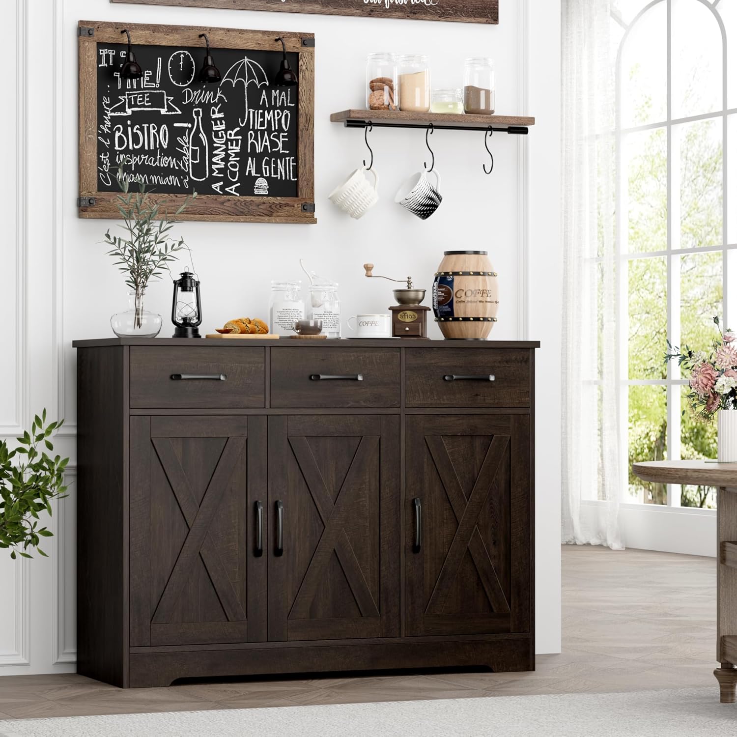 Modern farmhouse sideboard, barn door buffet storage cabinet with drawers and shelves, wooden coffee bar with storage wourant