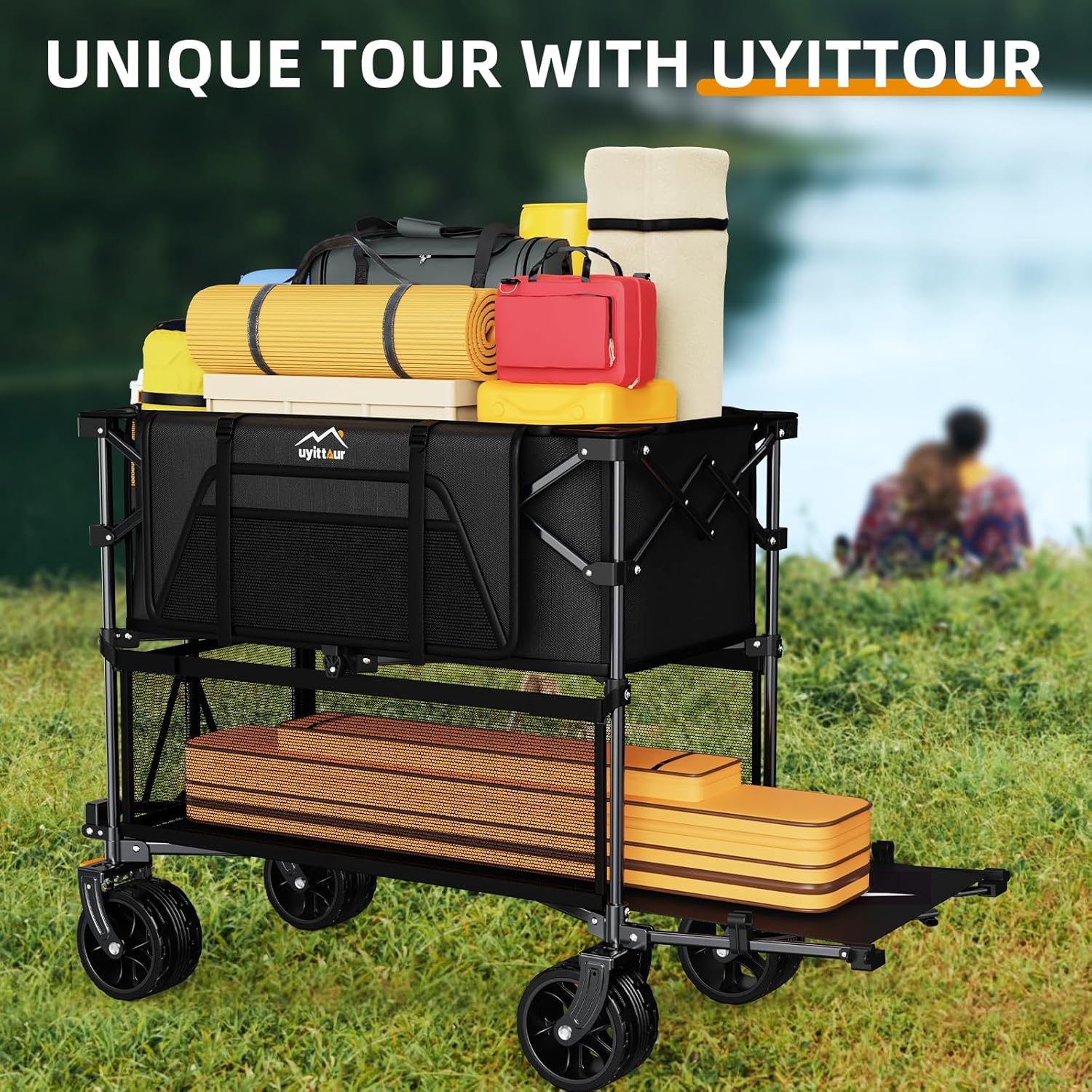 Foldable 50''L Extra Long Double Decker Wagon for Sport, 400L Collapsible Heavy Duty Wagon Cart with Big Wheels, Utility All-Terrain Large Extender Cart for Outdoors wourant
