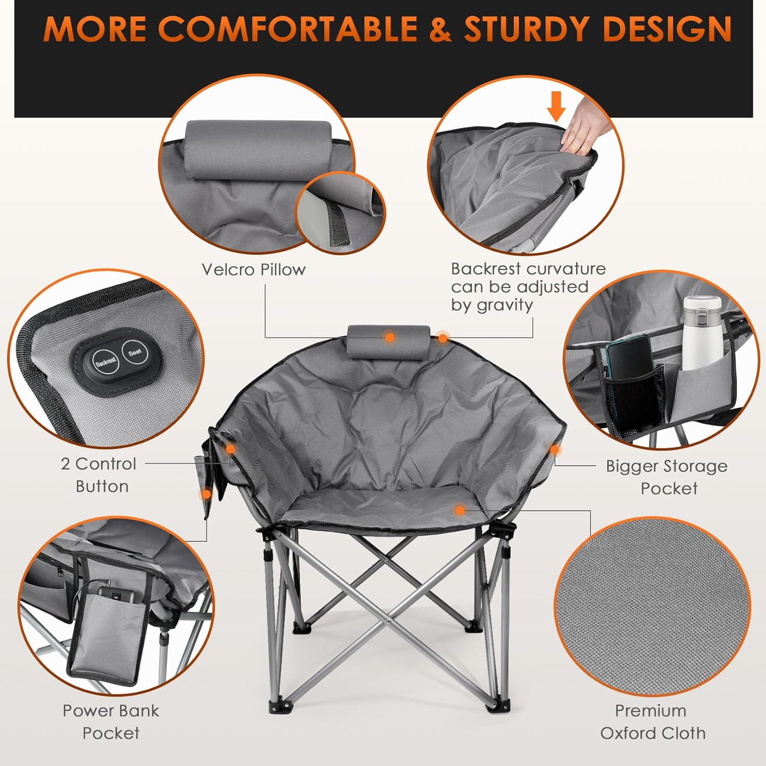 Heated Camping Chair, Extra Large Heated Chair Outdoor Sports Chair with 3 Heat Levels on Back and Seat, Portable Folding Heated Outdoor Chair (Batteries Not Included) wourant