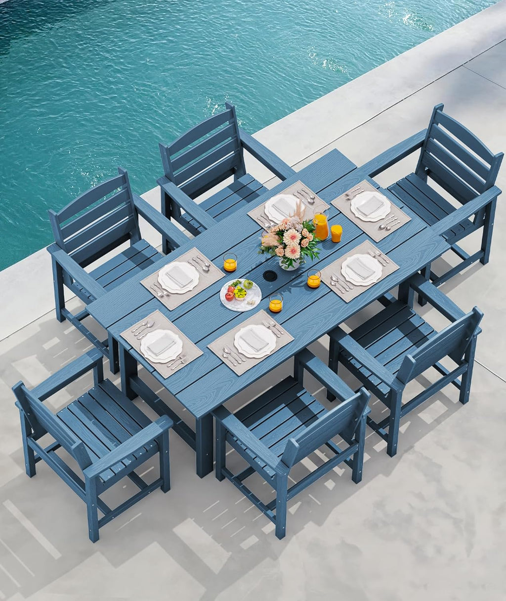 Outdoor HDPE Dining Table Set, 7-Piece Outdoor Dining Table Sets with Umbrella Hole Cut-Out Table and 6 Chairs wourant