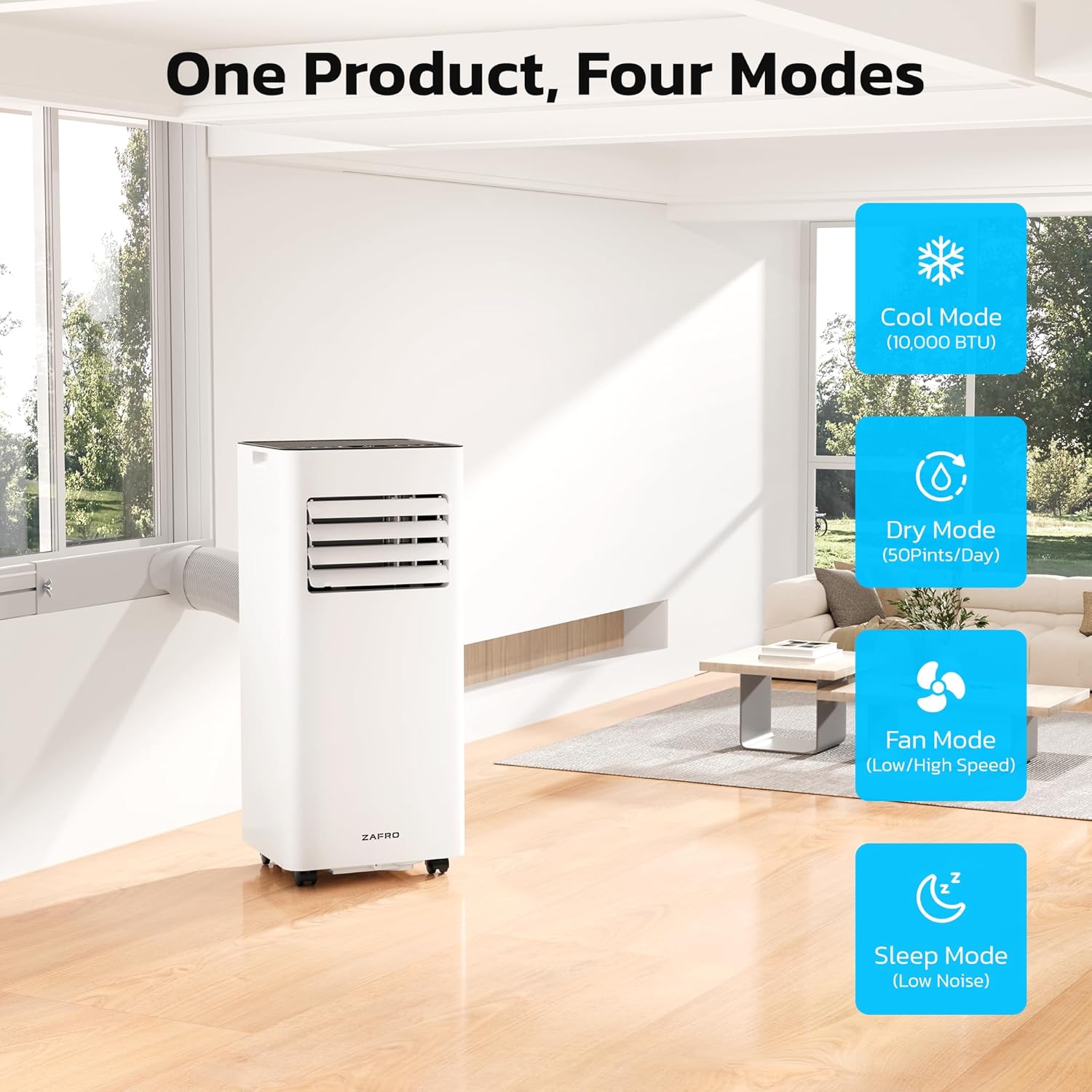 ZAFRO 8,000 BTU Portable Air Conditioners, 4 Modes Portable AC Unit with Fast Cooling/Energy Efficient/Remote/24Hrs Timer for Bedroom/Dorms/Indoor Rooms, White wourant
