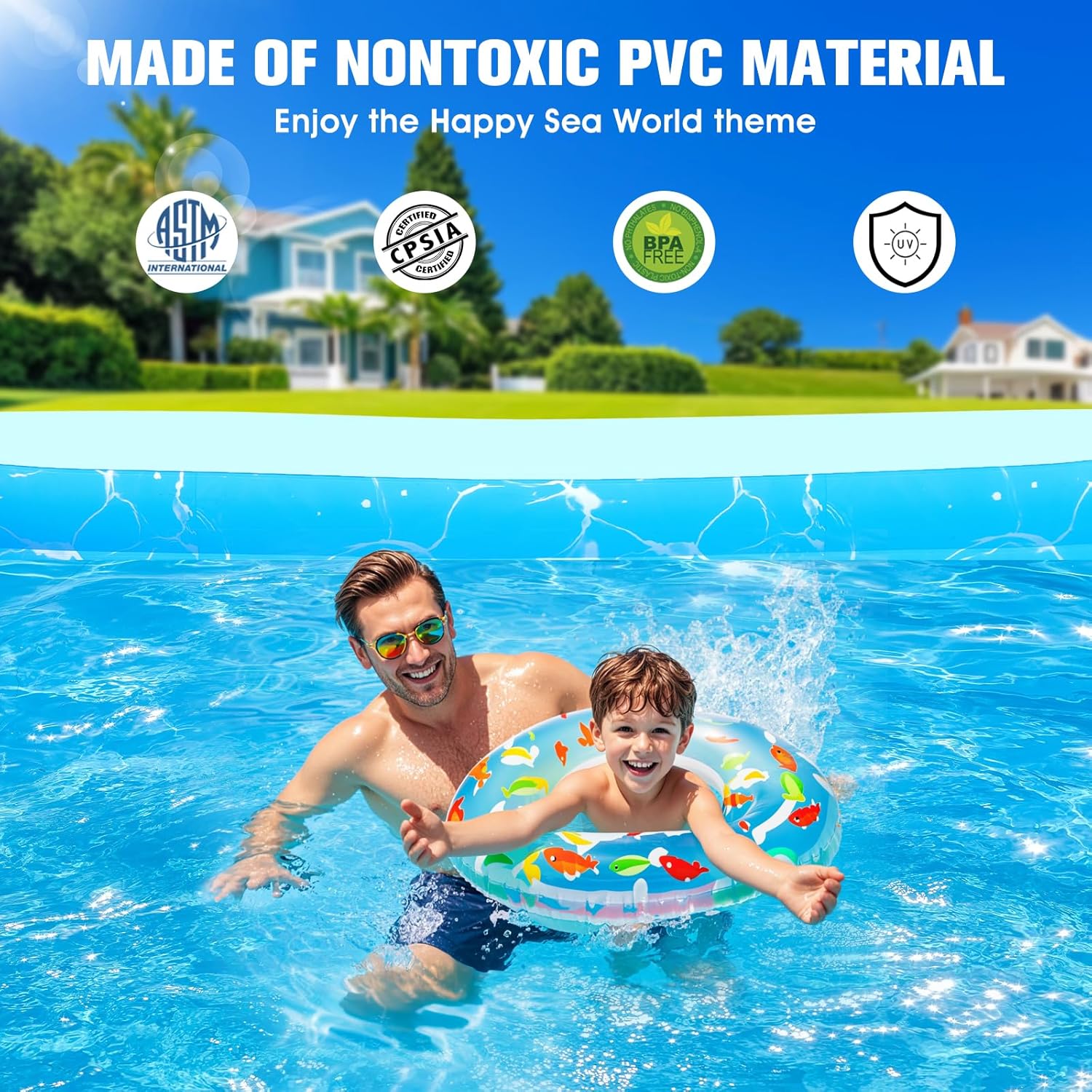 Inflatable Pool with Seat and Pool Lights, Durable Thickened Large Size Family Inflatable Pools for Adults Blow Up Pools,105" x 65" x 25"Swimming Inflatable Kids PooI for Backyard,Outdoor (White) wourant