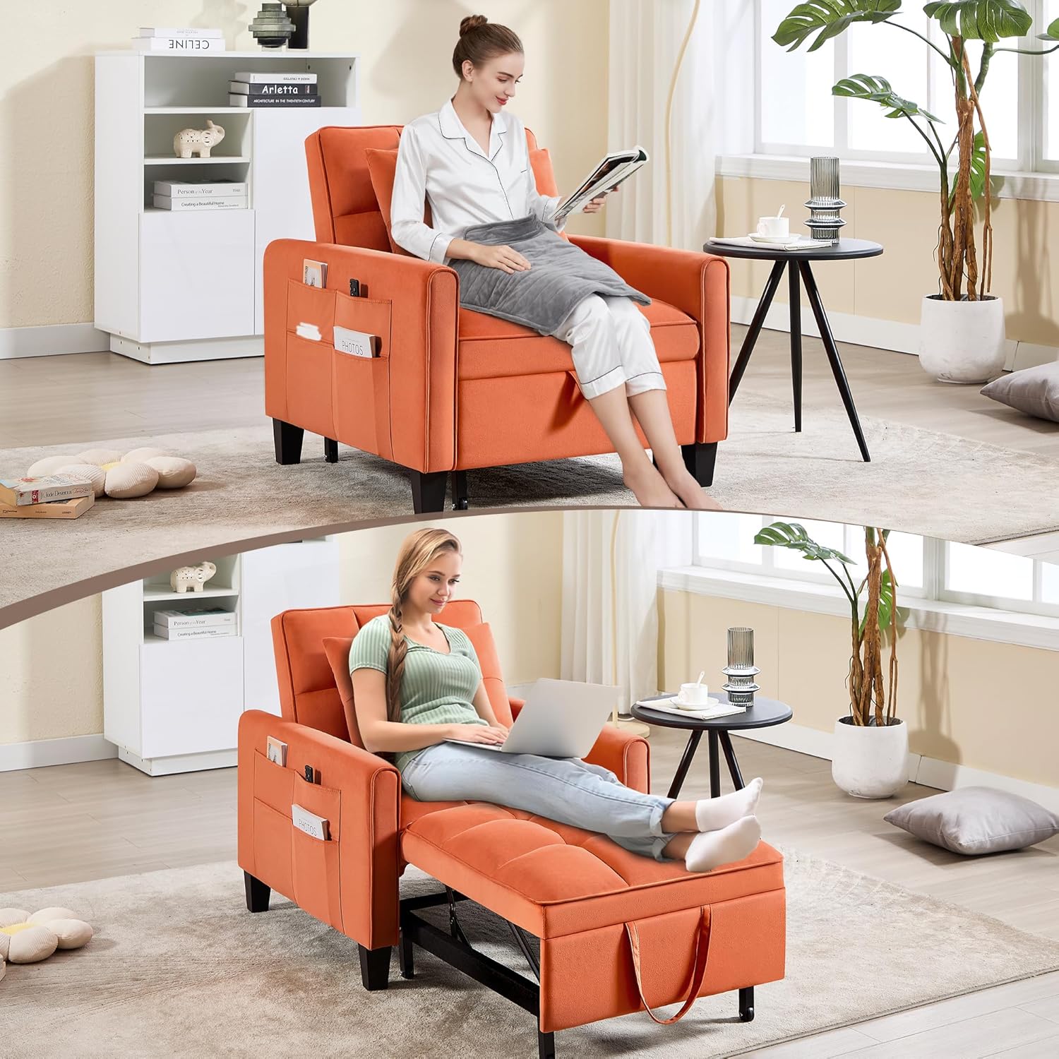 Convertible Sleeper Chair, 3 in 1 Sleeper Chair Bed Pull Out Sofa Bed Chairs, Velvet Single Sofa with Adjustable Backrest wourant