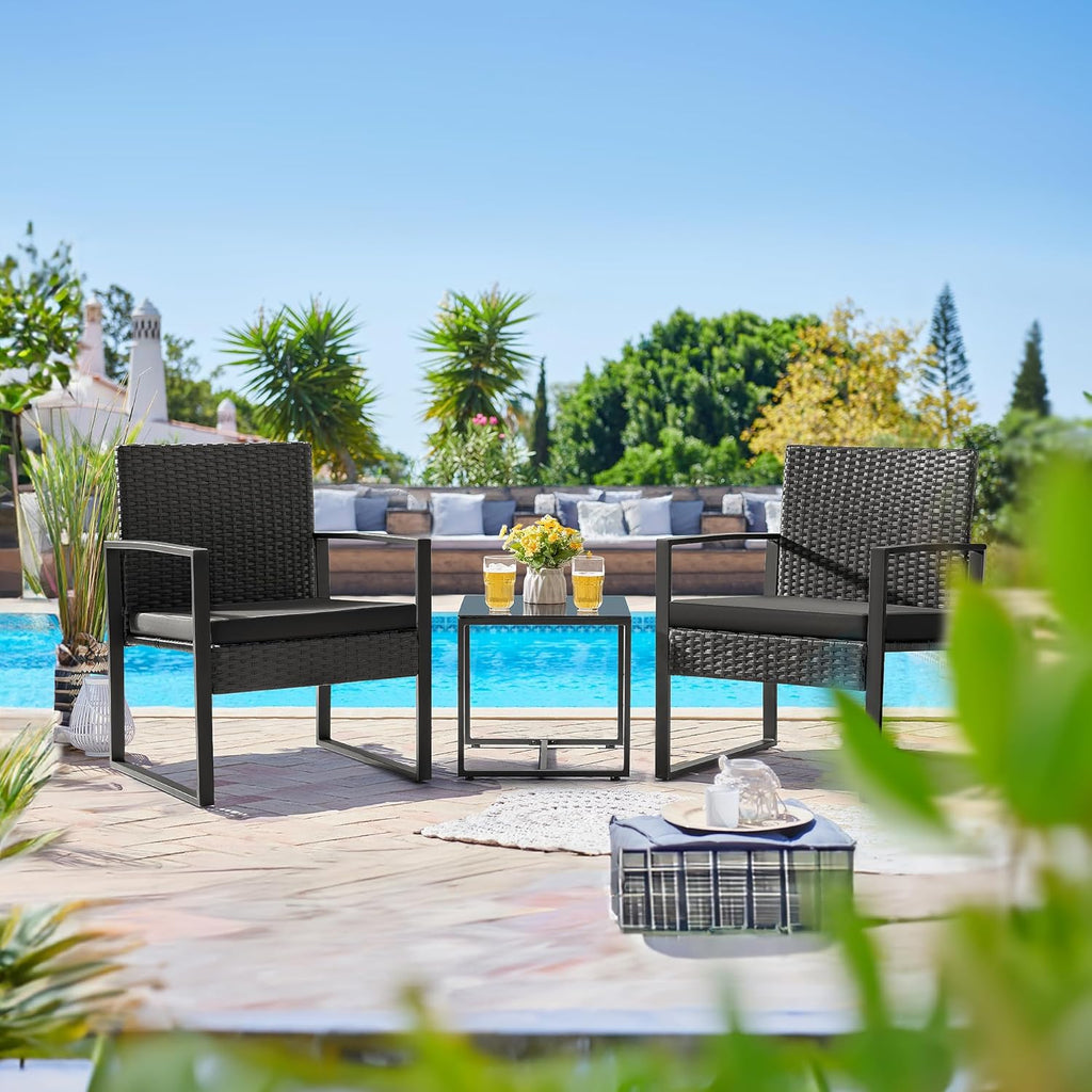 Flamaker 3 Pieces Patio Set Outdoor Wicker Furniture Sets Modern Rattan Chair Conversation Sets with Coffee Table for Yard and Bistro (Black) wourant