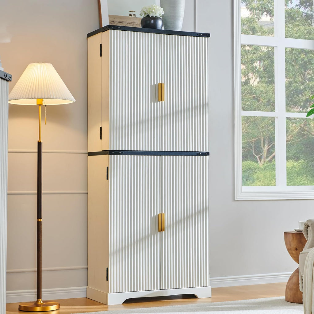 Fluted Pantry Cabinet, 72" Tall Modern Storage Cabinet with 4 Doors, Organizer, Drawer and Adjustable Shelves, Wood Cupboard wourant
