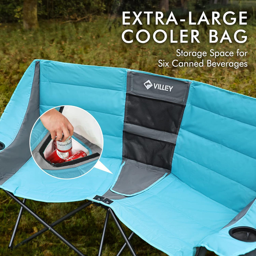 Double camping chair (with cooler bag), extra wide love seat, heavy duty padded camping sofa, portable folding chair wourant
