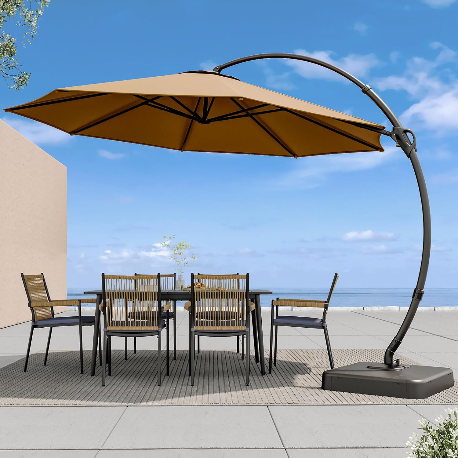 LAUSAINT HOME Outdoor Patio Umbrella with Base included, 11 FT Deluxe Curvy Cantilever Umbrella Heavy Duty Offset Hanging Umbrella with 360° Rotation for Market, Pool, Garden, Backyard, Deck (Beige) wourant