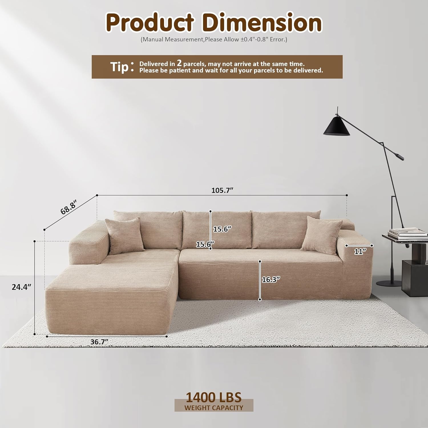 Ovios 104" Cloud Section Sofa L-shaped lounge chair, modern modular sofa wourant