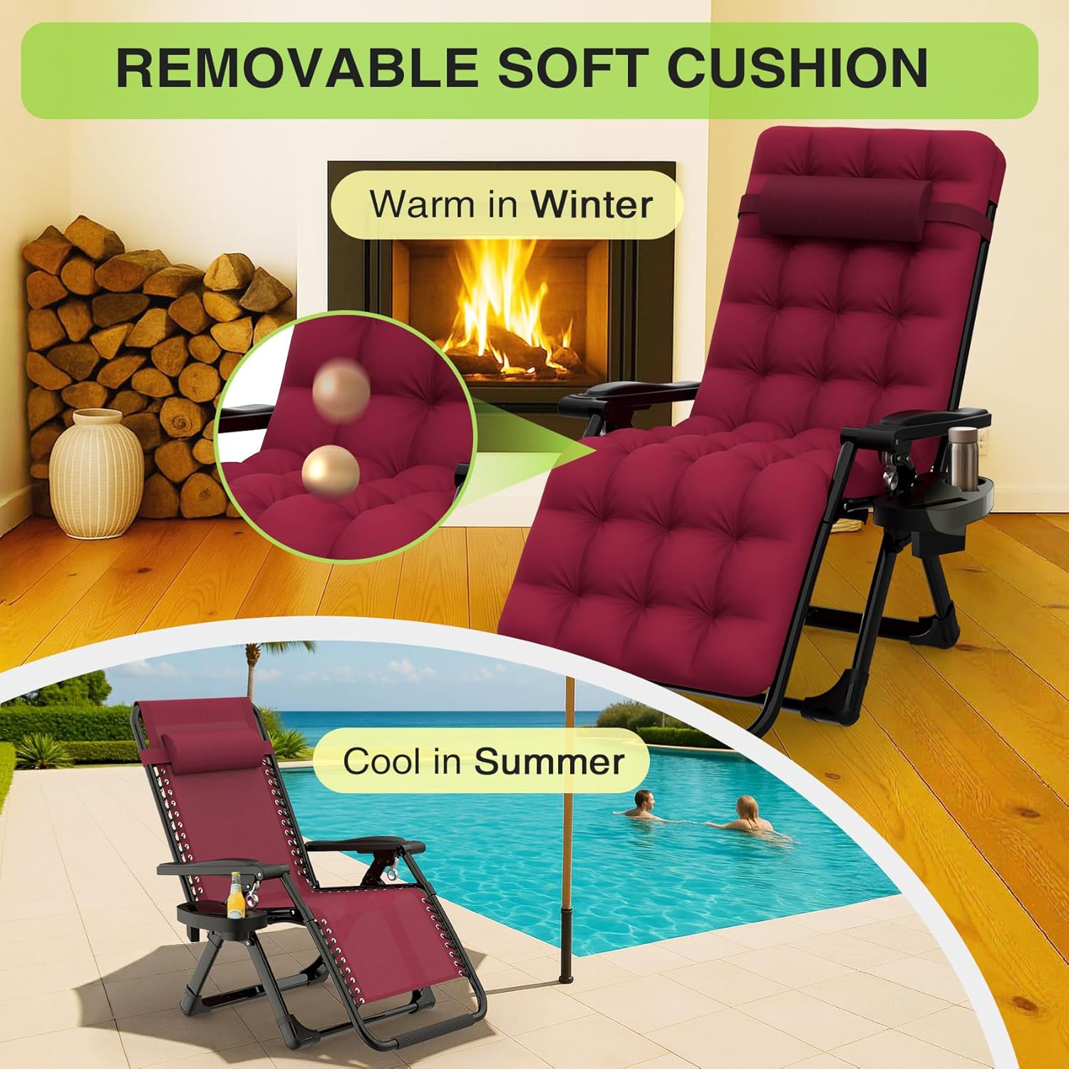 Indoor and outdoor patio chair folding lounge chair zero gravity chair with removable cushion camping lounge chair wourant