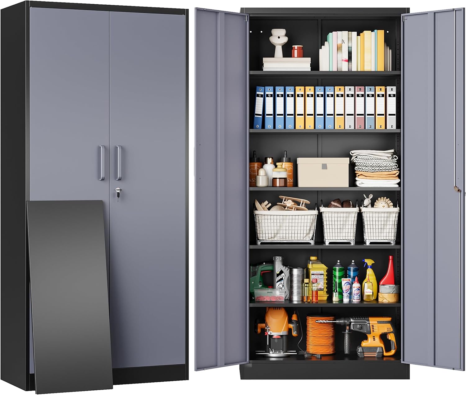 Metal Storage Cabinet with 2 Doors and 6 Shelves,Black Metal Cabinet with Lock,71" Lockable Garage Storage Cabinets,Locking File Cabinet,Steel Tool Cabinets for Home,Office,Garage,Shop,School wourant