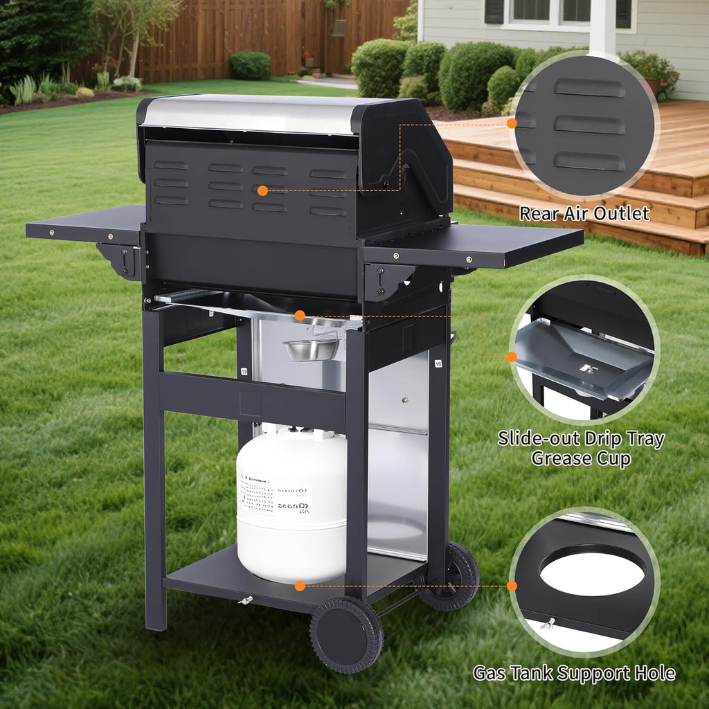 3-Burner Propane Gas Grill with 30,000 BTU Output - Double-layer Stainless Steel Grill Lid, Cast Iron Cooking Grids, Easy-Clean Grease Management & Even Heat Distribution for Perfect BBQs wourant
