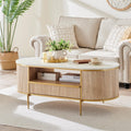 OKD Modern Luxury Grooved Coffee Table, 48 Inch Oval Coffee Table with Drawers, Imitation Marble Top, Curved Contour Design, Gold Metal Trim, Living Room Center Table wourant