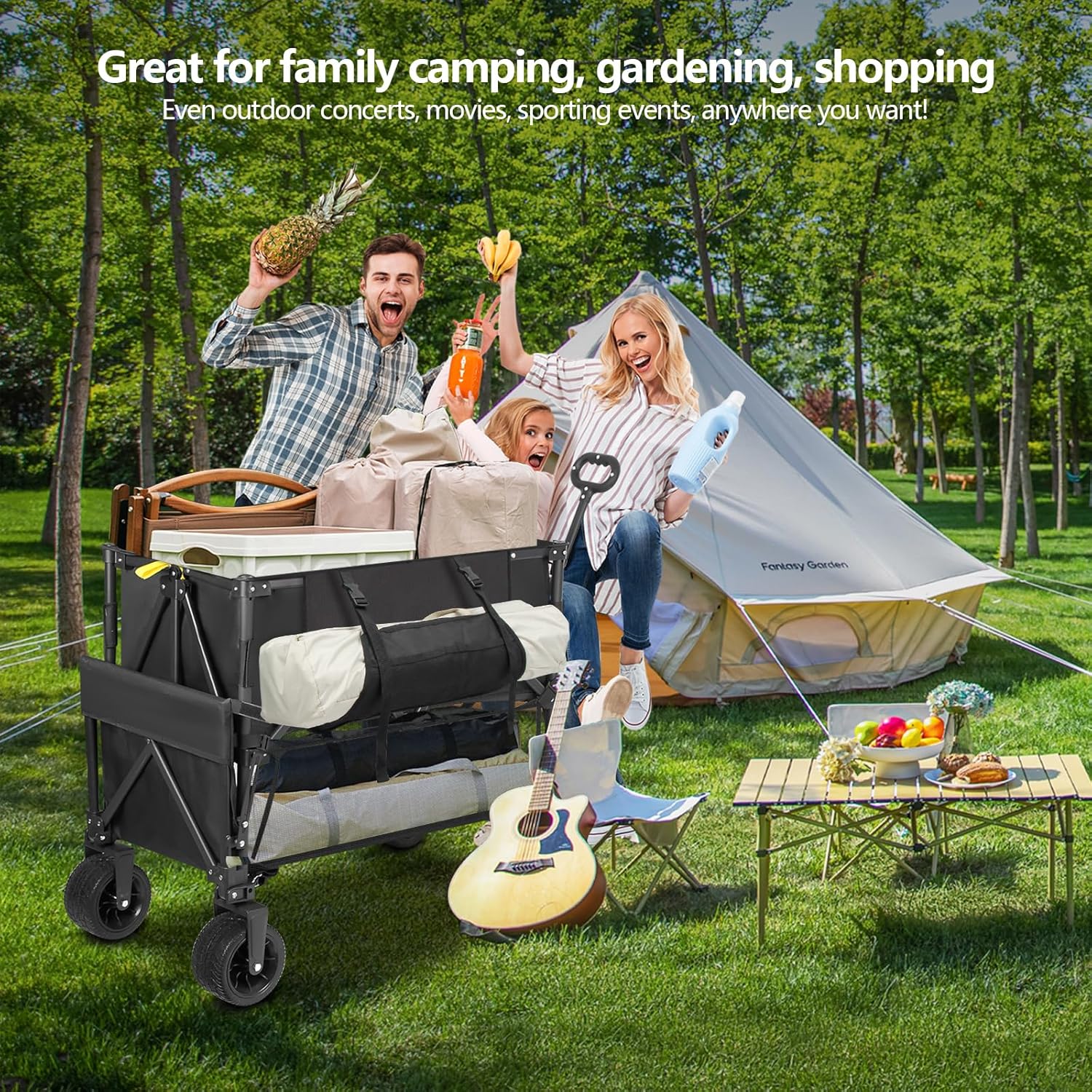 Double Decker Wagon Heavy Duty Collapsible, 600LBS 400L Capacity Foldable Utility Cart with Big Wheels wourant