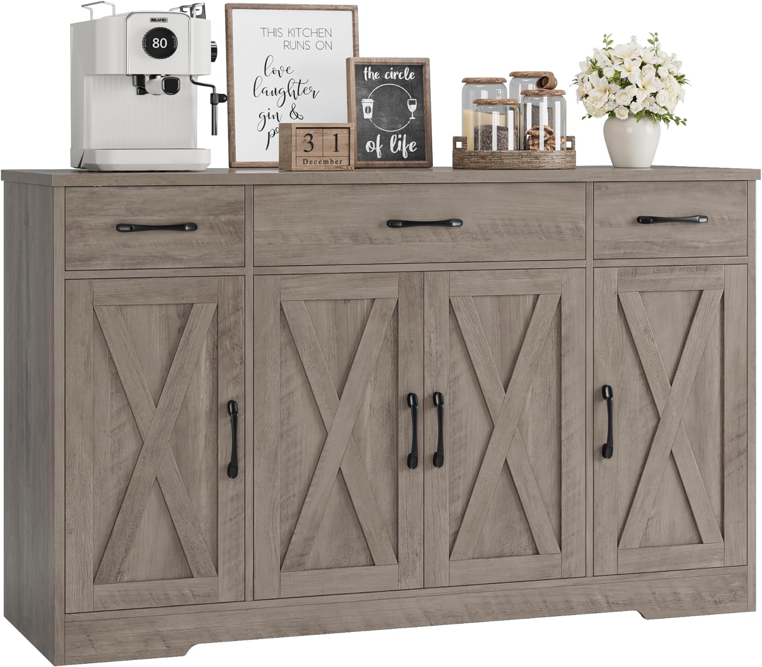HOSTACK Buffet Cabinet with Drawers, 55" Large Sideboard Buffet Storage Cabinet with Shelves and Doors, Modern Farmhouse Coffee Bar Station Wood Kitchen Table for Kitchen, Dining Room, White/Rustic wourant