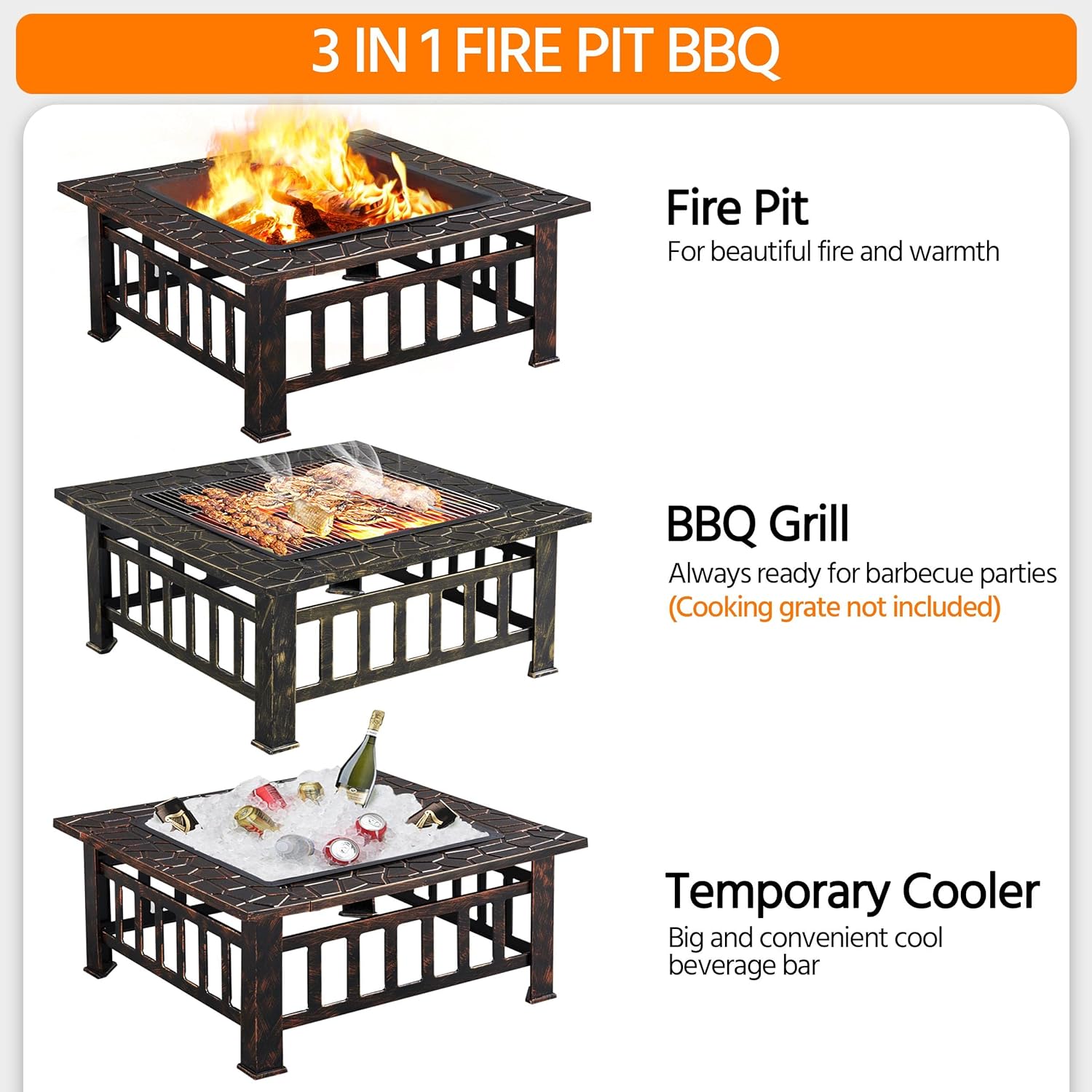 Yaheetech Multifunctional Fire Pit Table 32in Square Metal Firepit Stove Backyard Patio Garden Fireplace for Camping, Outdoor Heating, Bonfire and Picnic wourant