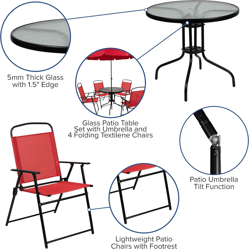 EMMA + OLIVER 6 Piece Brown Patio Garden Set with Umbrella Table and Set of 4 Folding Chairs wourant