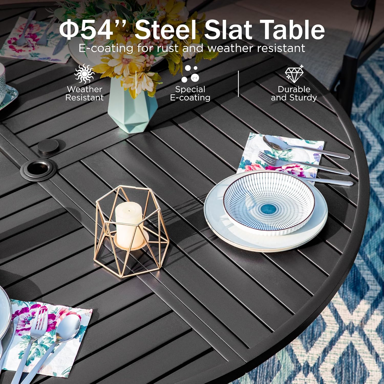 PHI VILLA 6-Piece Outdoor Dining Sets, All-Weather Patio Table and Chairs Set with Umbrella for 4, Heavy Duty Patio Round Table Set for Deck, 4 Extra Large Outdoor Swivel Chairs with Thick Cushions wourant