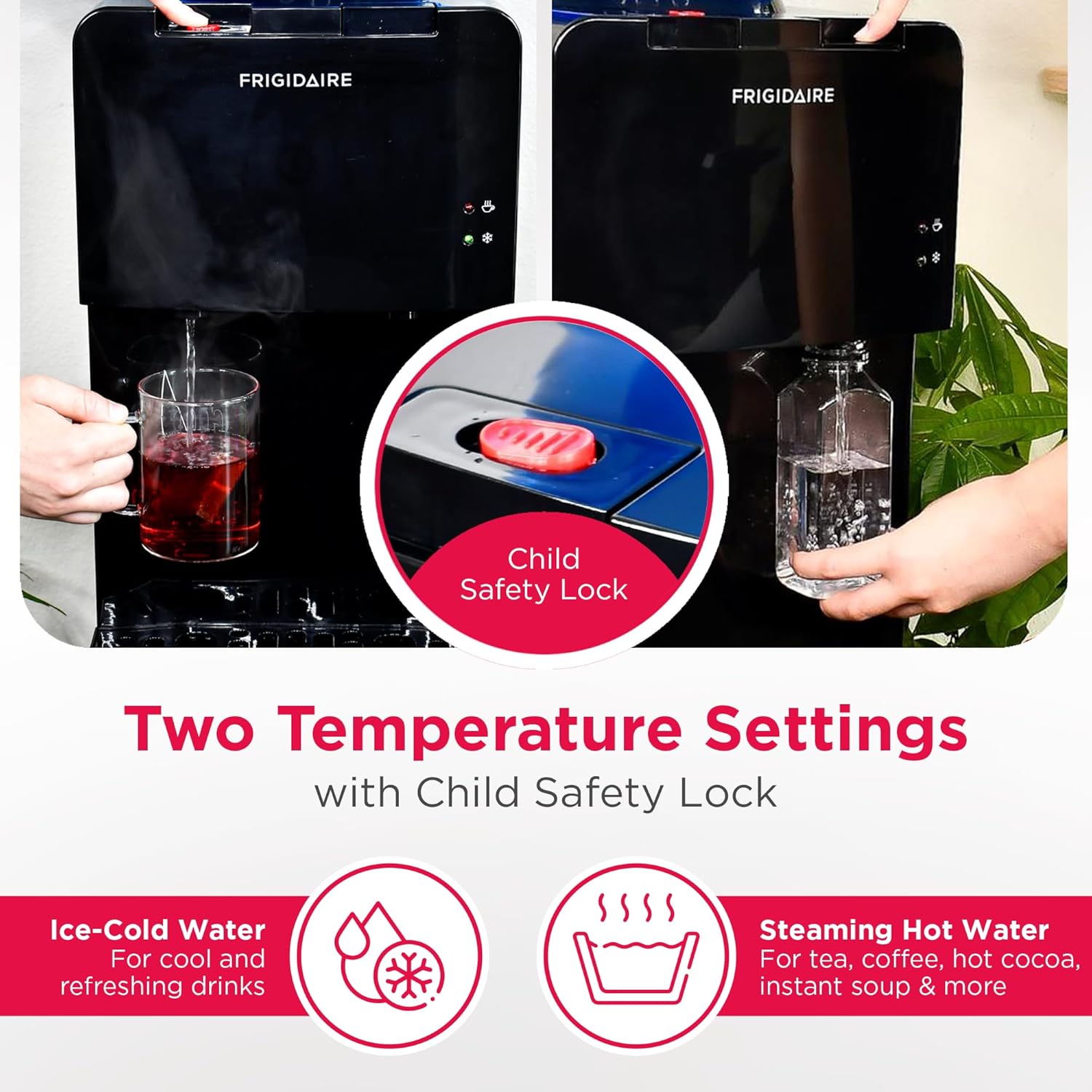 Frigidaire EFWC498 - Top Loading Cooler Dispenser -Hot & Cold Water - Child Safety Lock - Innovative Slim & Sleek Design, Holds 3 or 5 Gallon Bottles - Black wourant