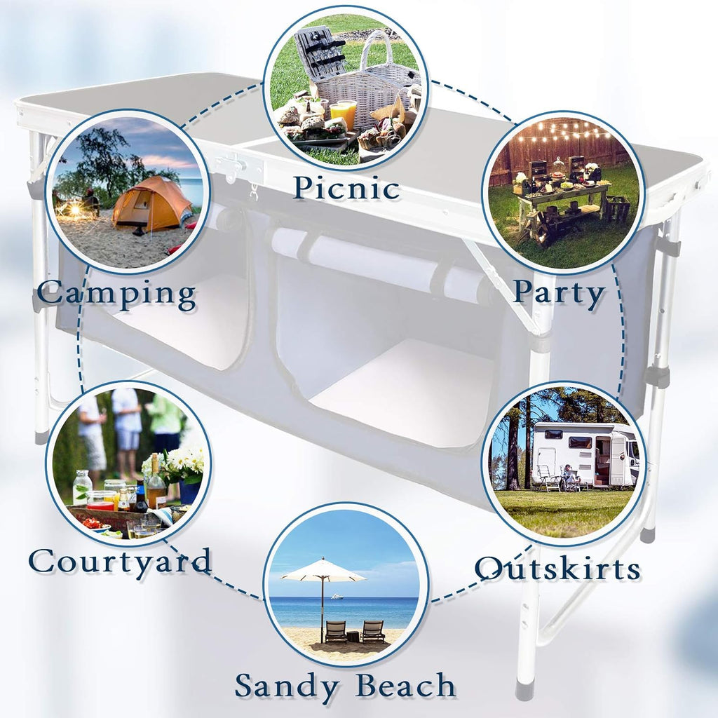 Outdoor Folding Table Aluminum Lightweight Height Adjustable with Storage Organizer for BBQ, Party, Camping wourant
