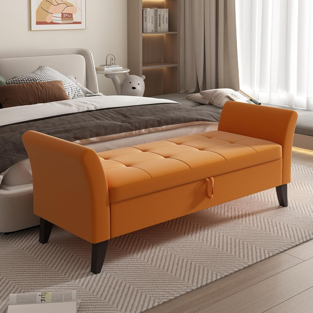 Furniliving Modern Storage Ottoman Bench, Sherpa Ottoman End of Bed Bench with Solid Wood Legs Upholstered Ottoman Benches with Storage Indoor Bench wourant