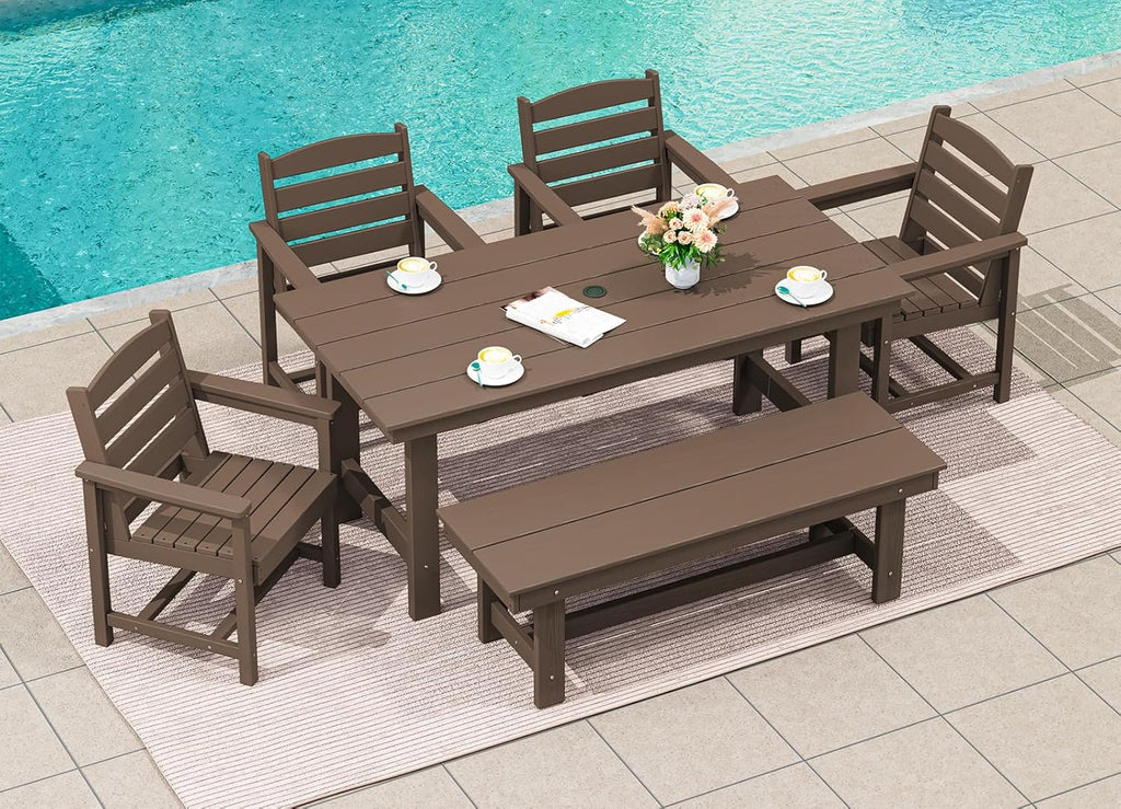 Outdoor HDPE Dining Table Set, 7-Piece Outdoor Dining Table Sets with Umbrella Hole Cut-Out Table and 6 Chairs wourant