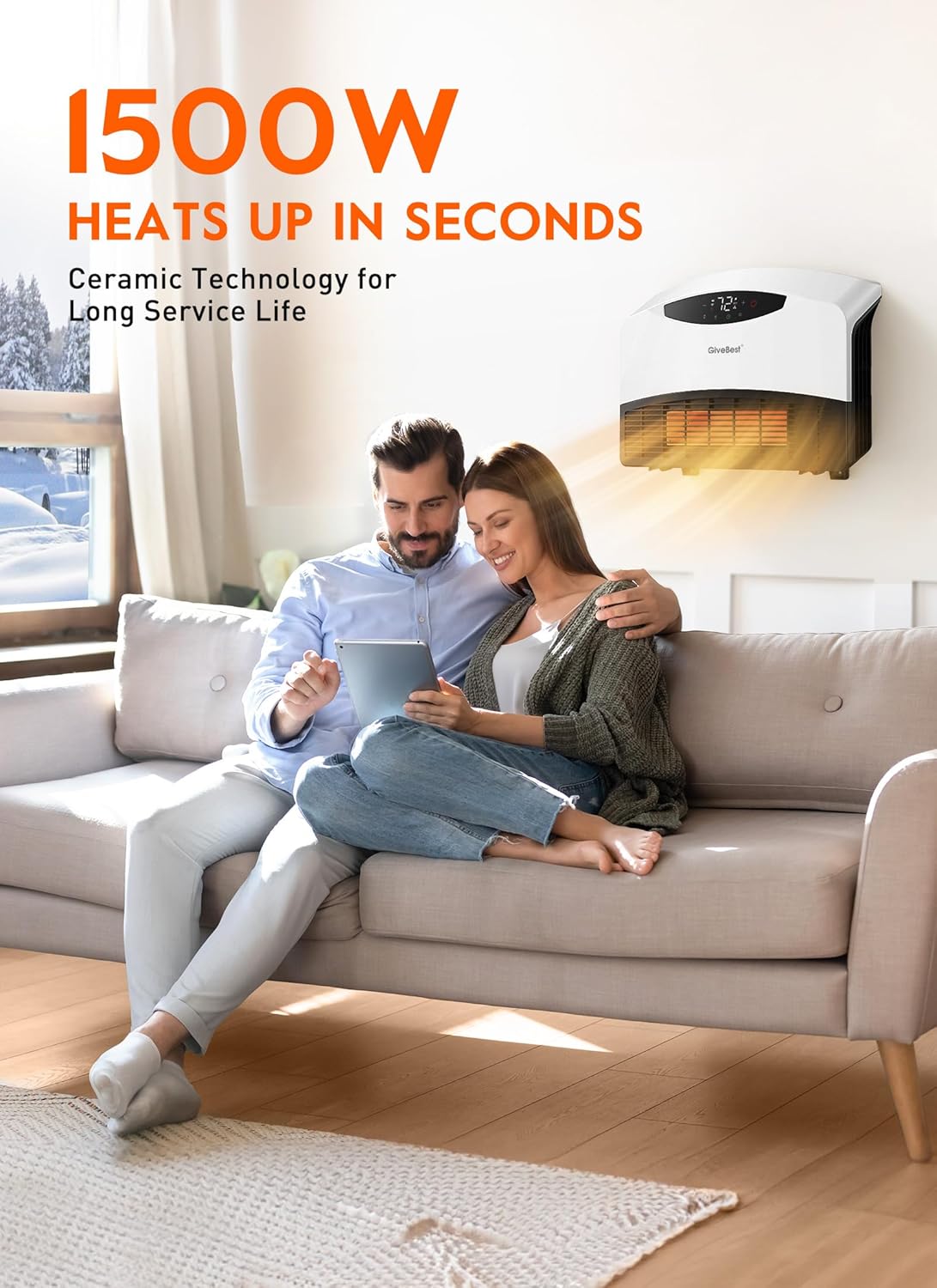 Wall mounted electric heater with WiFi and remote control, floor standing heater 1500W fast coverage for large rooms wourant