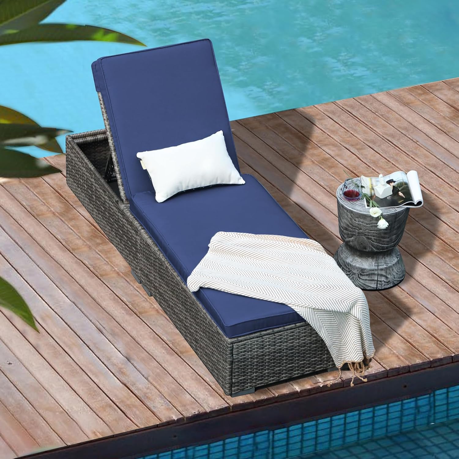Patiorama Outdoor Patio Lounge Chair Elegant Reclining Adjustable Pool Rattan Chaise Chair wourant