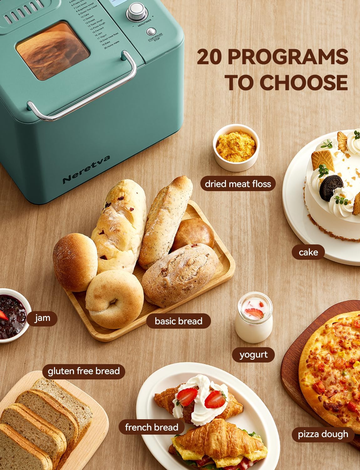 Neretva Bread Maker, 20-IN-1 2LB Bread Machine Dual Heater Bread Maker Machine Automatic with Nonstick Ceramic Pan, 15H Timer & 1H Keep Warm Set, Low Noise, Stainless Steel Breadmaker Recipe-Green wourant