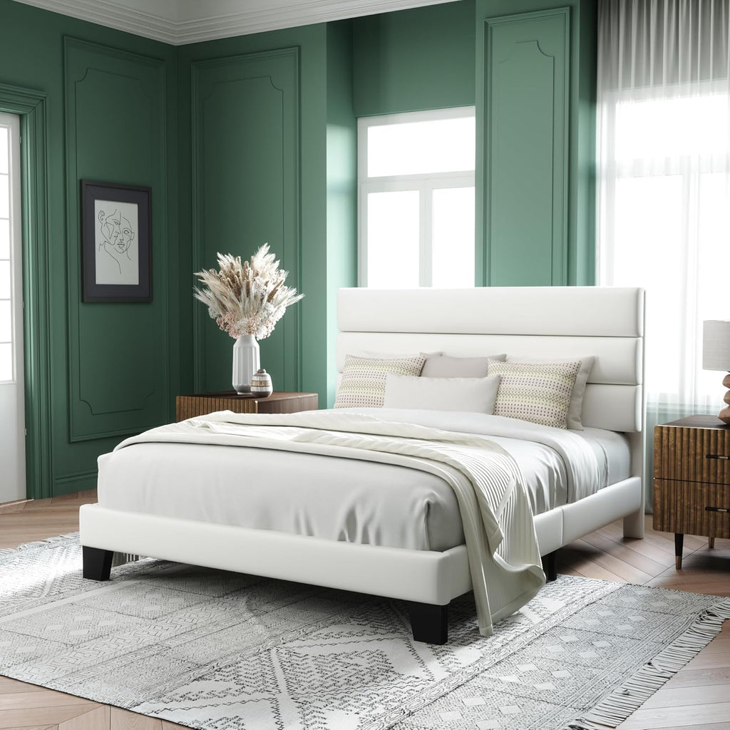Allewie Queen Size Platform Bed Frame Fabric Upholstered Headboard Wooden Slats Support wourant