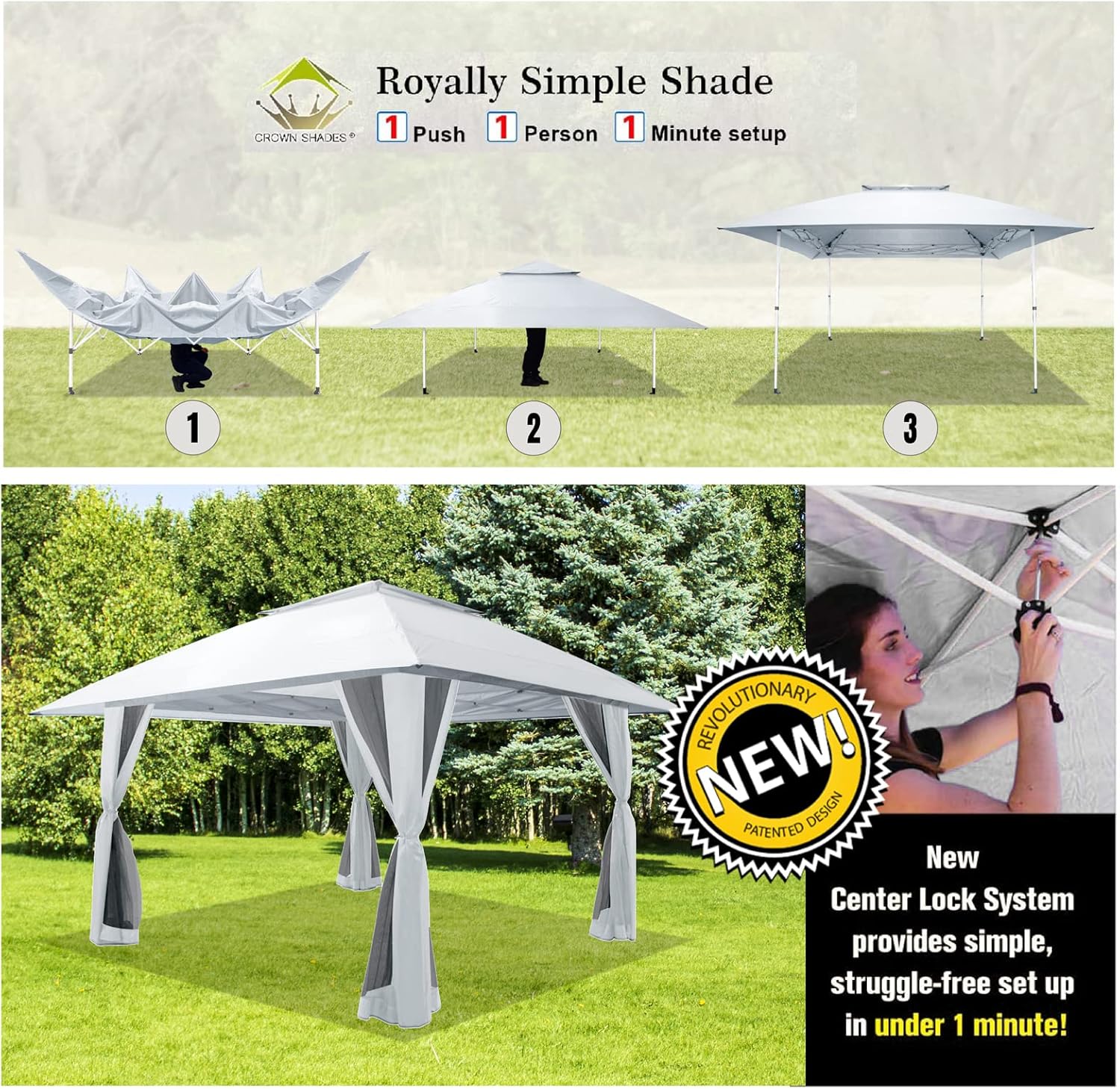 CROWN SHADES 13x13 Pop Up Gazebo, Canopy Tent, Gazebos on Clearance - Outdoor Gazebo for Backyard & Patio Furniture - Carpa Pop Up Tent with Wheeled STO-N-Go Cover Bag (White) wourant