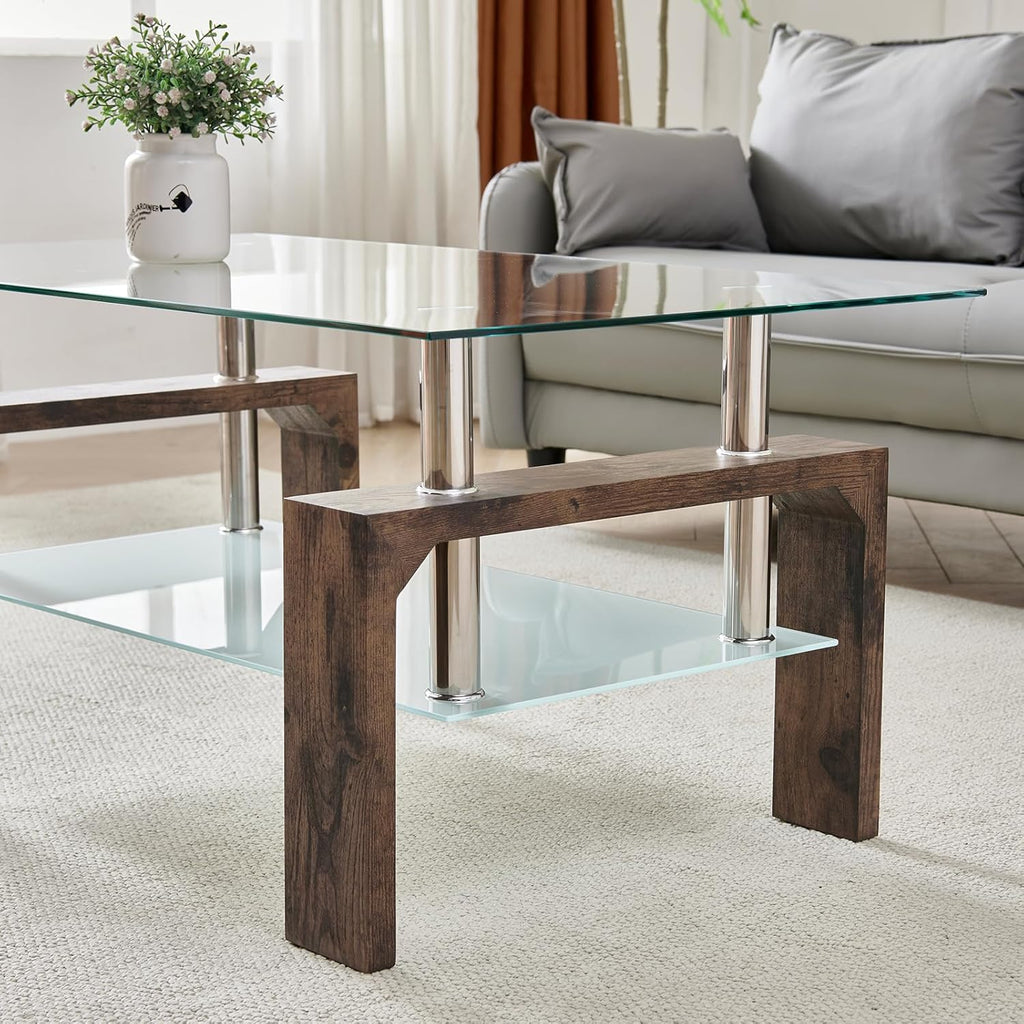 Living Room Rectangle Coffee Table, Tea Table Suitable for Waiting Room, Modern Side Coffee Table with Wooden Leg, Glass Tabletop wourant