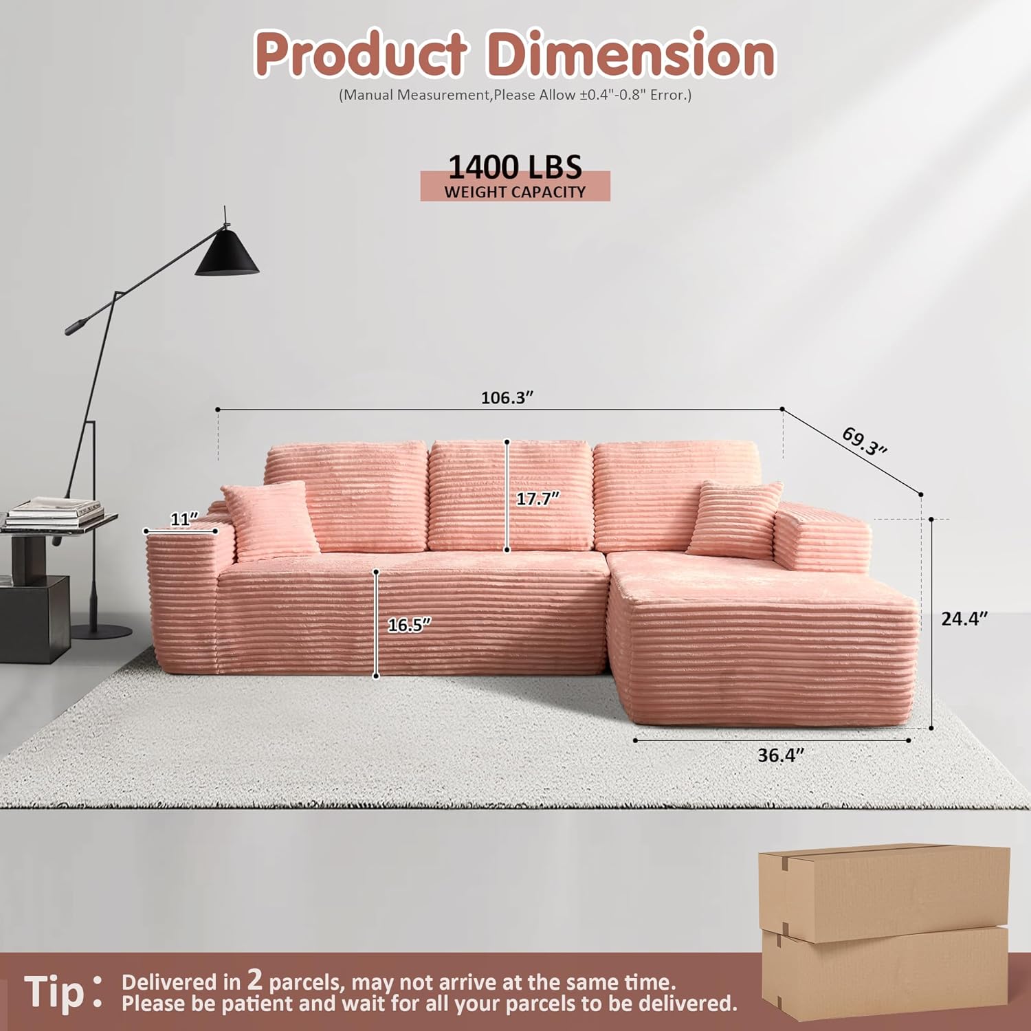 Ovios 104" Cloud Section Sofa L-shaped lounge chair, modern modular sofa wourant