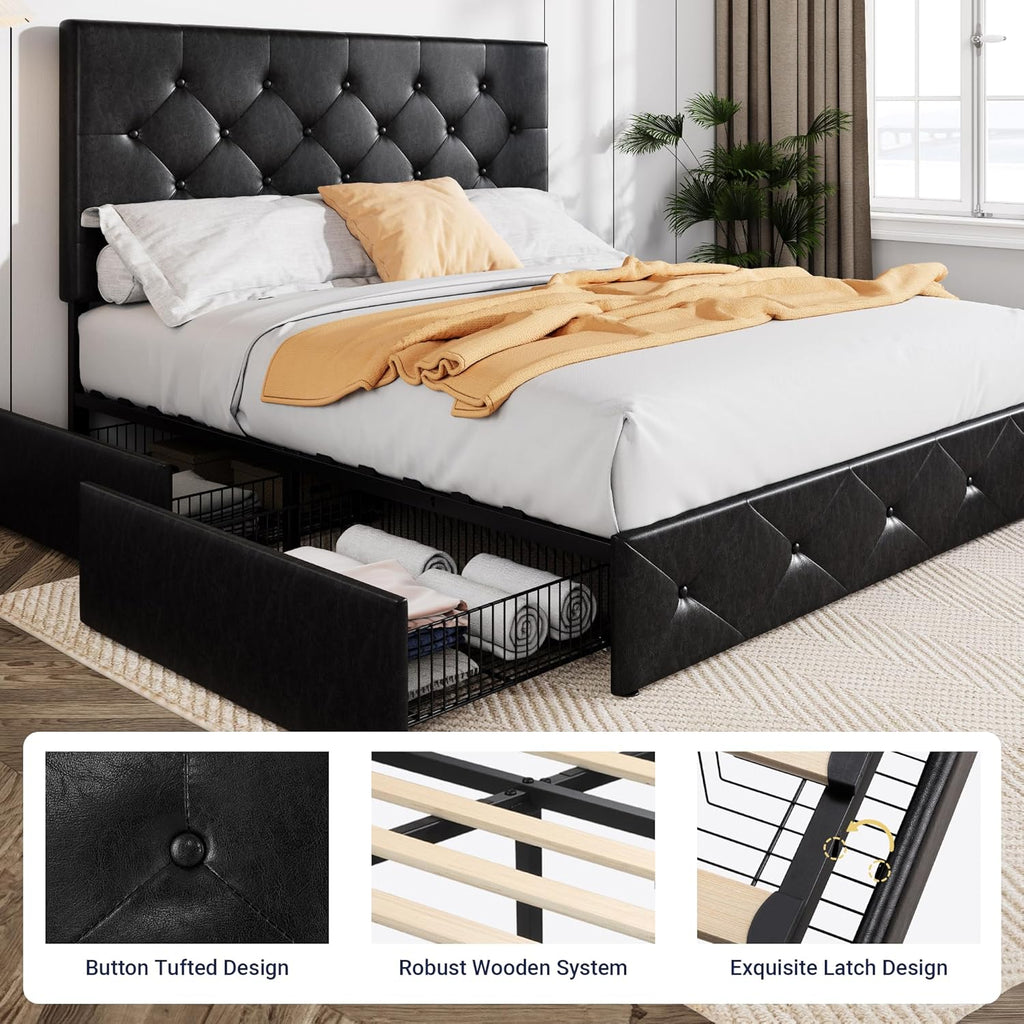 Allewie Upholstered Queen Size Platform Bed Frame with 4 Storage Drawers and Headboard wourant