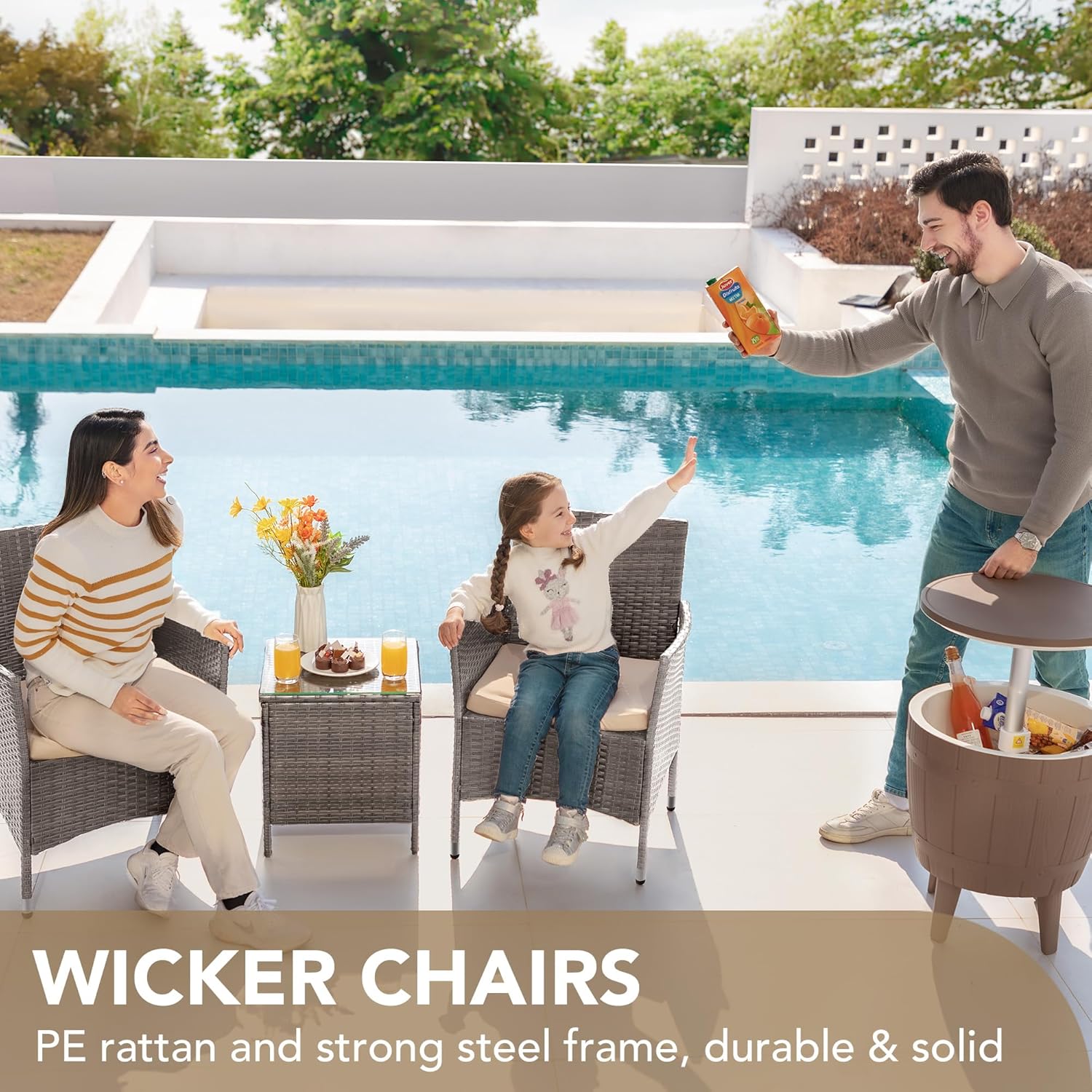 Devoko Patio Porch Furniture Sets 3 Pieces PE Rattan Wicker Chairs with Table Outdoor Garden Furniture Sets (Brown/Beige) wourant