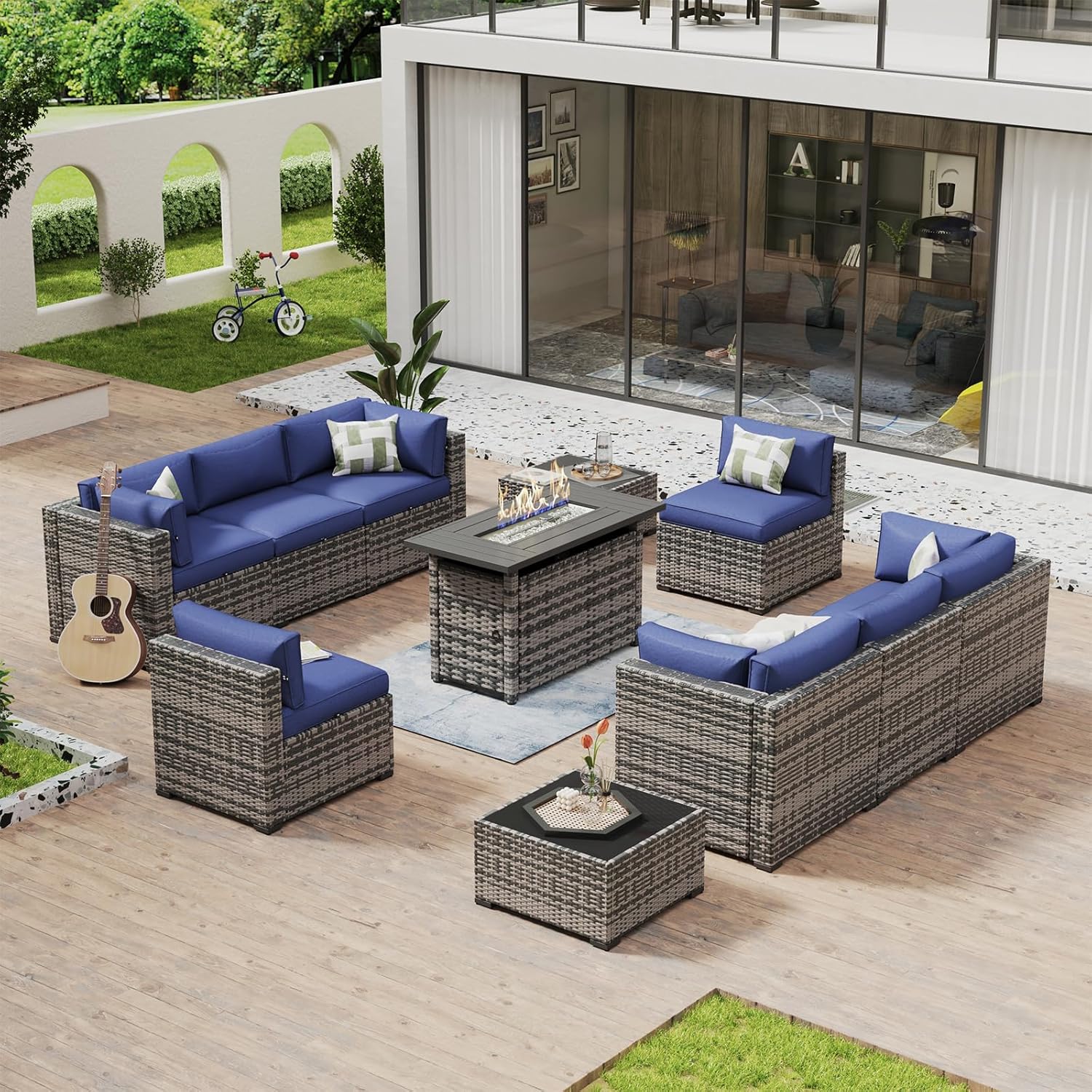 Aoxun 8 Piece Patio Furniture Set with 44?Fire Pit Table Wicker Rattan Outdoor Sectional Sofa Set with Coffee Table and Thickened Cushions, Beige (Waterproof Cover Included) woonhhop
