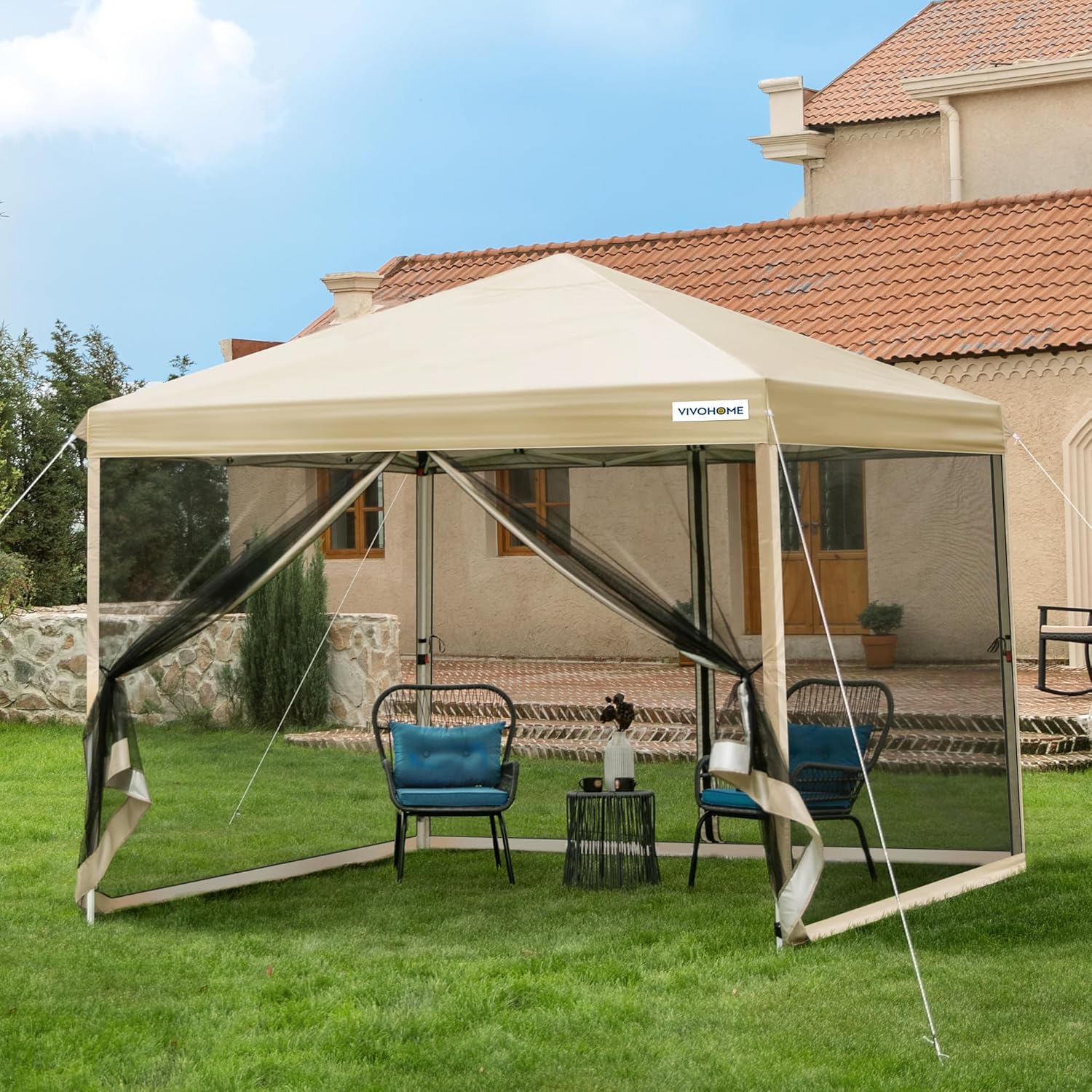 10x10ft Easy Pop-Up Canopy, Outdoor Screen Tent with Mosquito Netting, 2 Zipper Doors, and Roller Bag for Yard Camping Picnic Party Events, Beige wourant