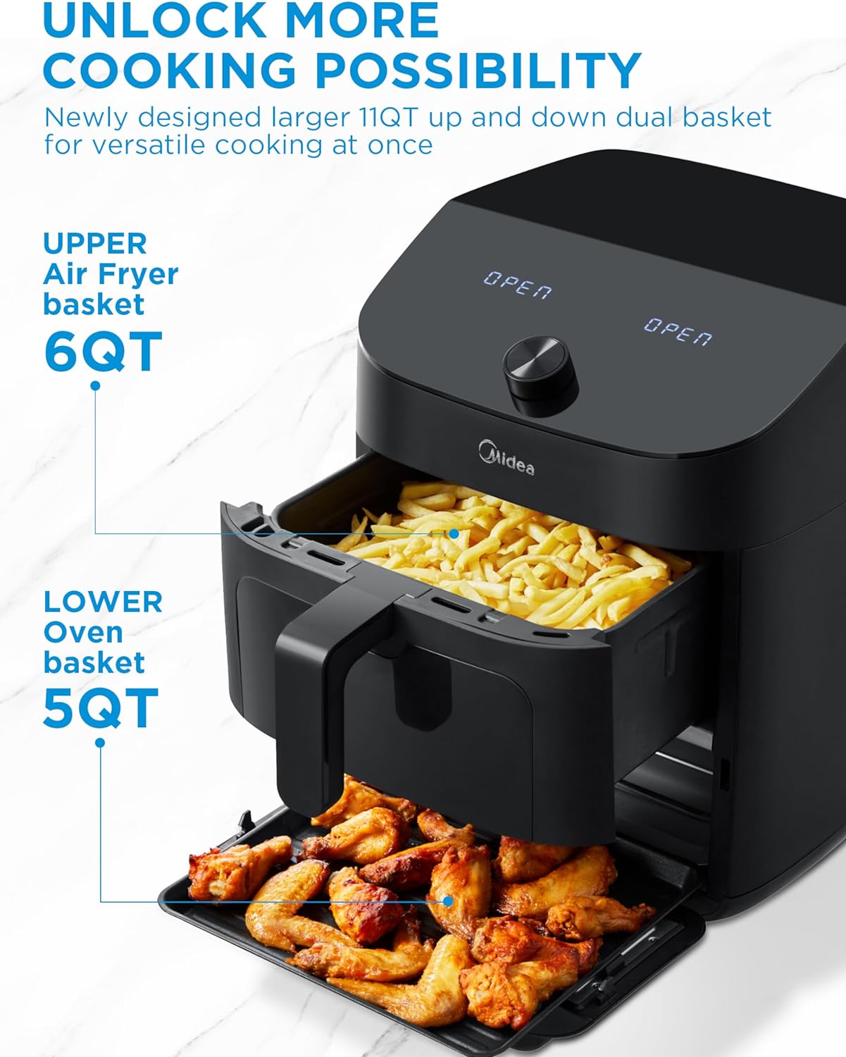 Dual Basket Air Fryer Oven 11 Quart 8 in 1 Functions Clear Window Smart Sync Finish wourant