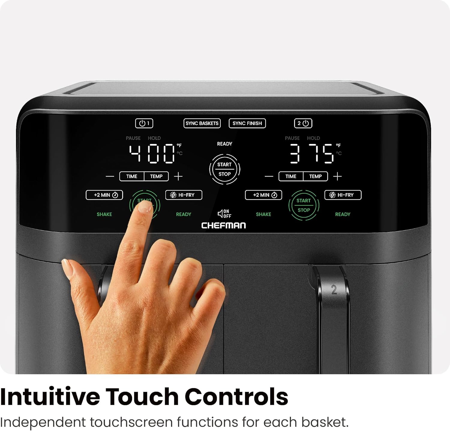 Chefman 6 Quart Dual Basket Air Fryer - Digital Touchscreen, Smart Sync Finish, Hi-Fry, Auto Shutoff, 2 Independent 3QT Nonstick Dishwasher-Safe Frying Baskets - Digital Double Air Fryer - Black wourant