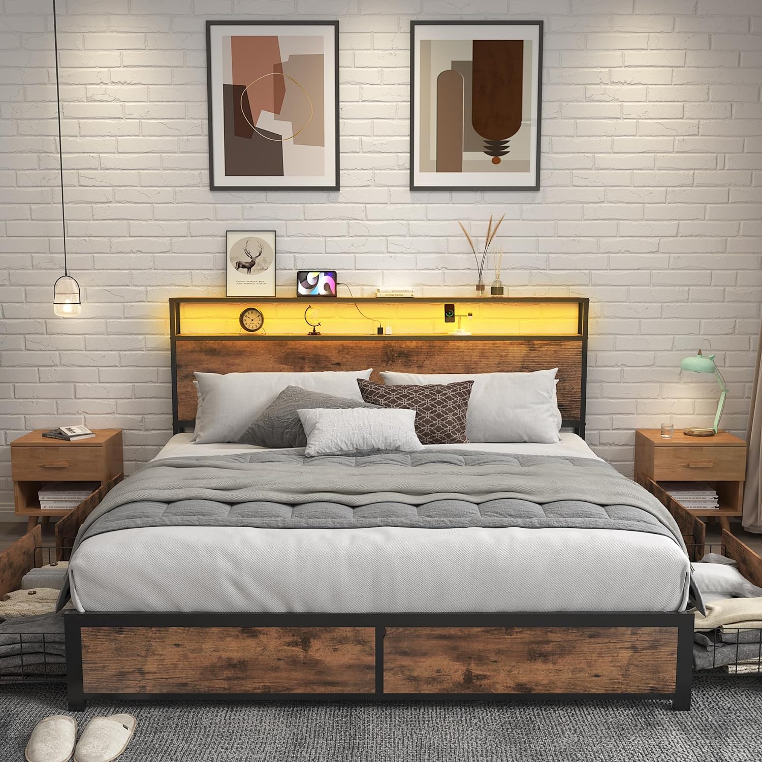 Lifezone Queen Bed Frame with 2-Tier Storage Headboard, Metal Platform Bed Frame with 4 Storage Drawers, Built in Charging Station & LED, Noise-Free/Metal Support/No Box Spring Needed wourant
