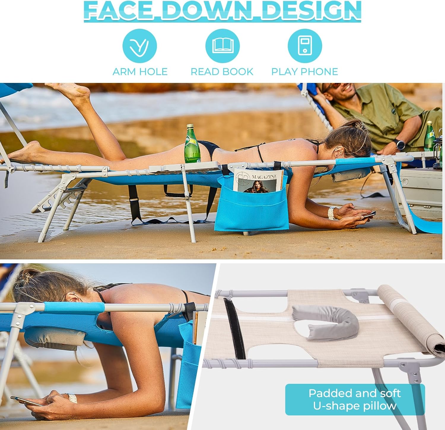 2 Pack Outdoor Chaise Lounge Chair - Portable Folding Patio Pool Lounge Chair, 5 Positions Adjustable Reclining Camping Chair with Side Table,Shoulder Strap, Pillow for Beach Sunbathing Lawn wourant
