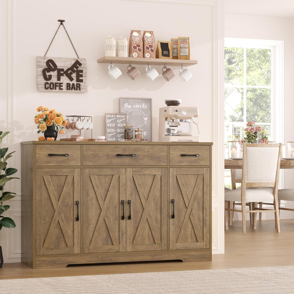 Sideboard with drawers, large 55-inch sideboard, sideboard storage with shelves and doors, modern farmhouse coffee bar wood kitchen dining table wourant
