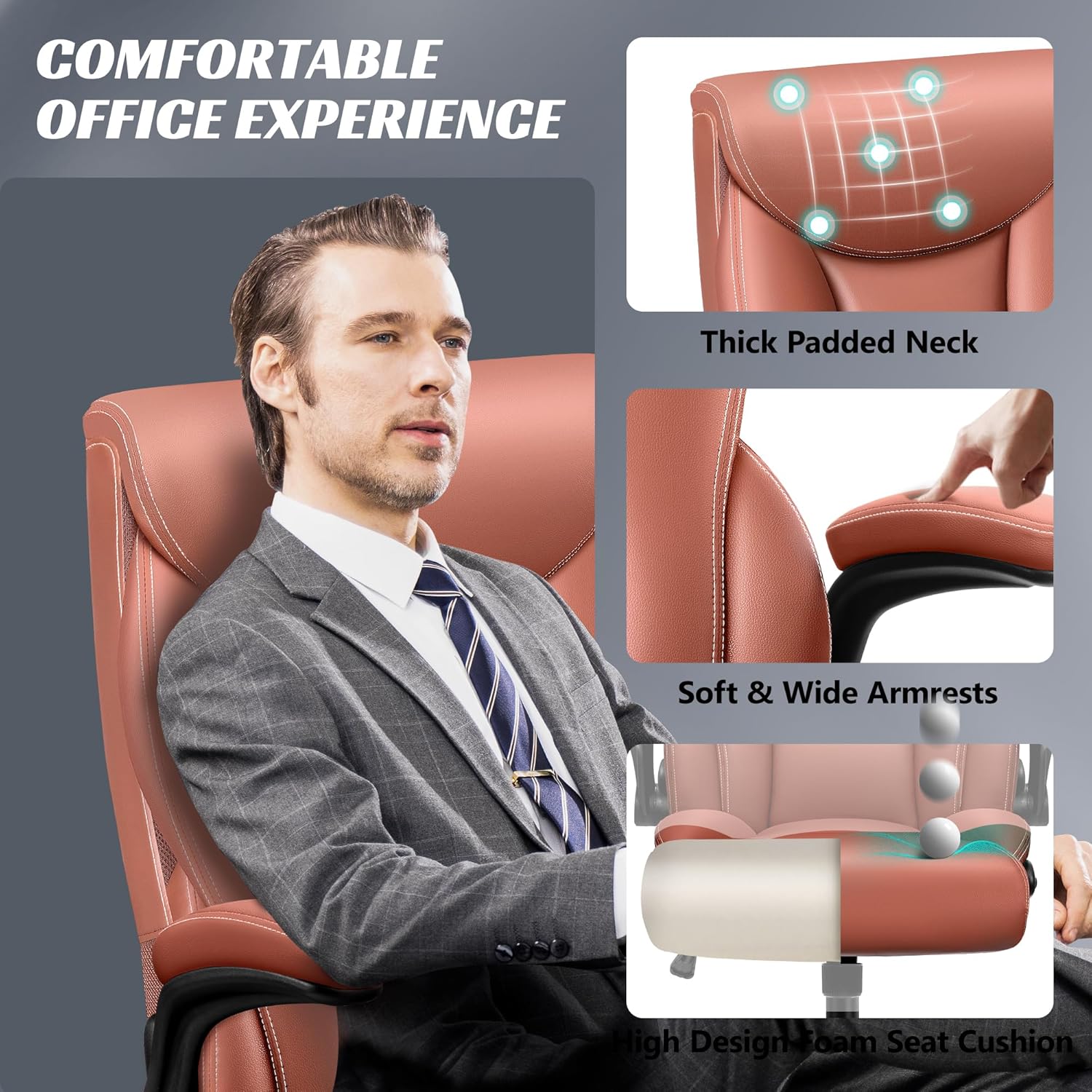 Office Chair Large High-Foot Computer Desk Chair, Breathable Leather Chair Lumbar Support Rotating Computer Chair wourant