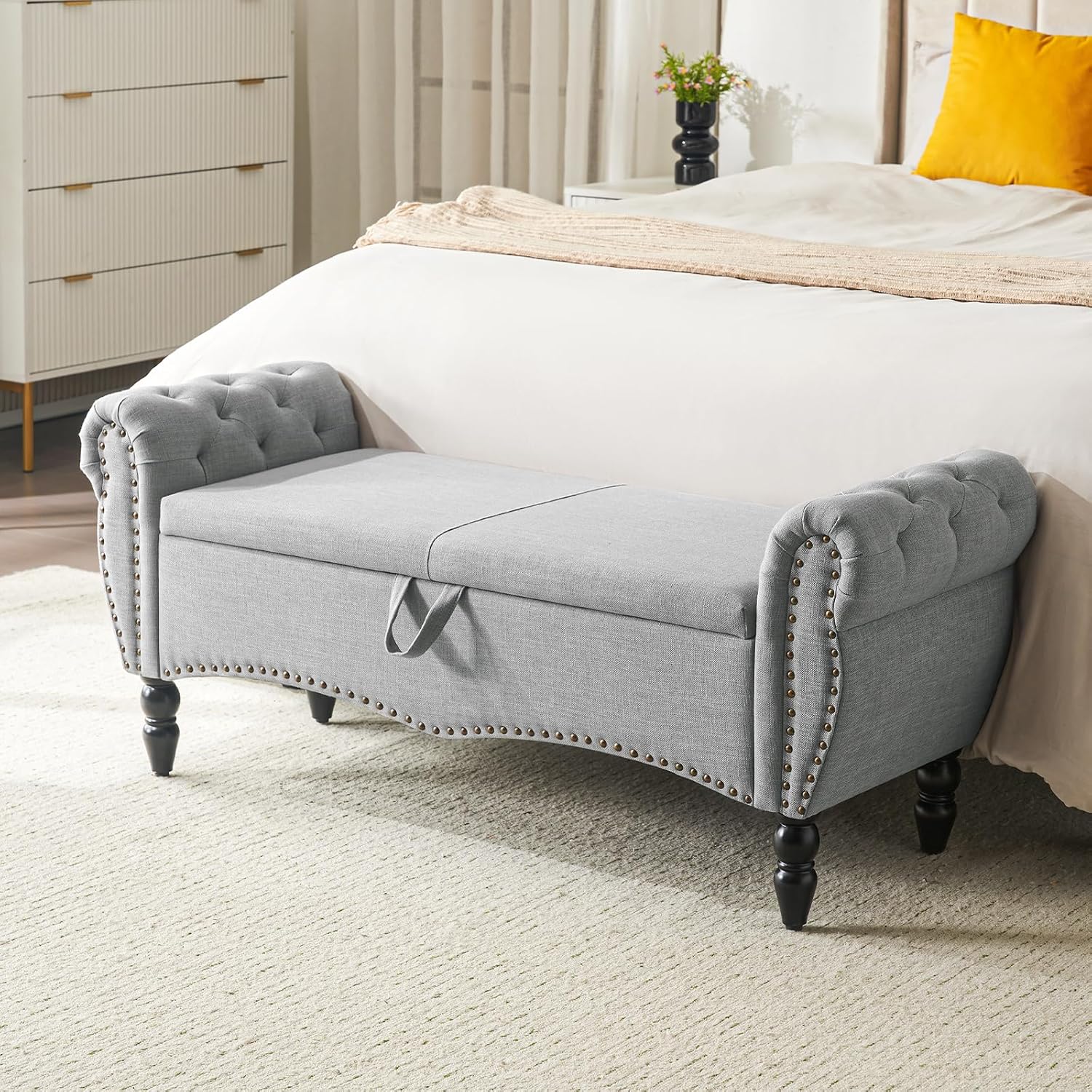 Furniliving Modern Storage Ottoman Bench, Sherpa Ottoman End of Bed Bench with Solid Wood Legs Upholstered Ottoman Benches with Storage Indoor Bench wourant