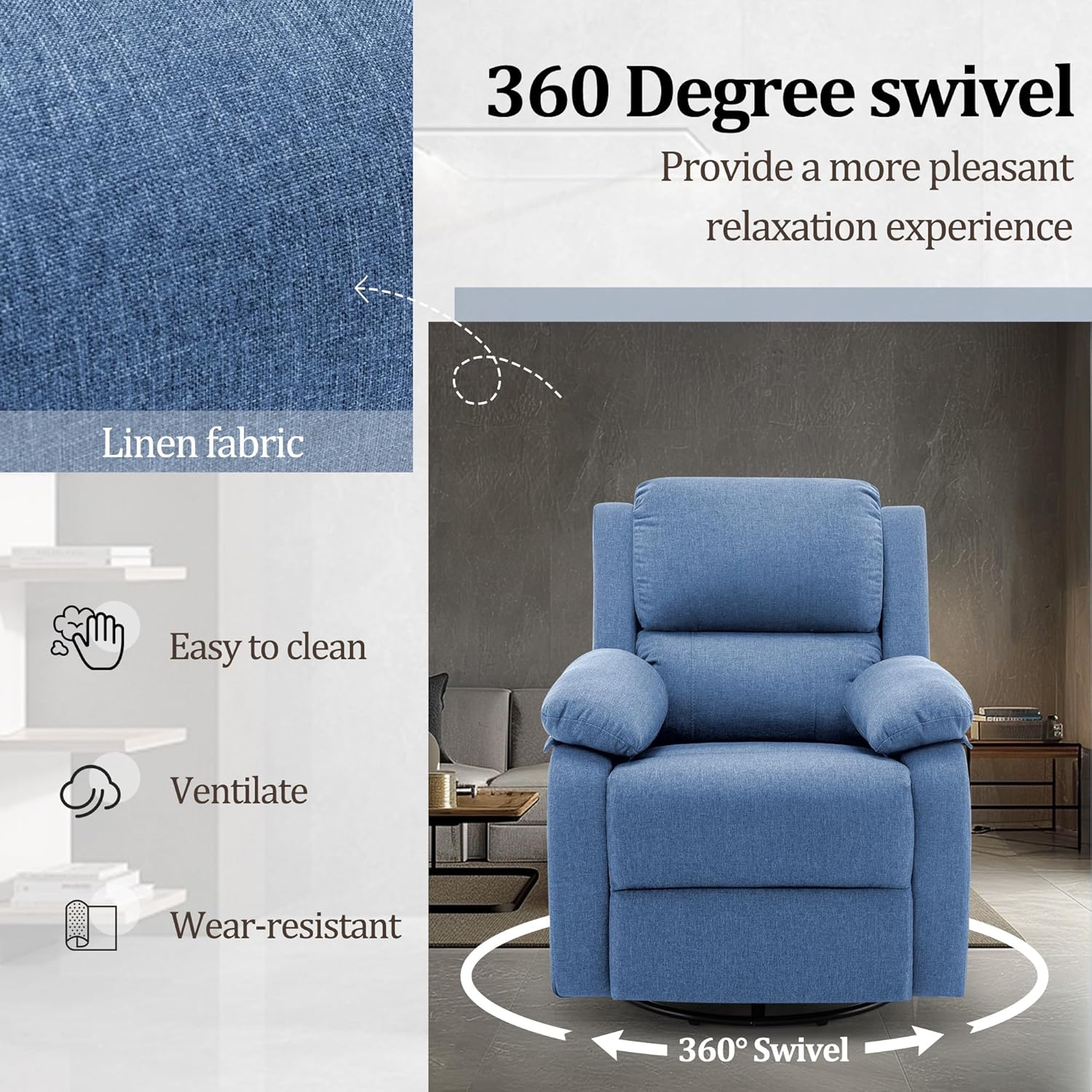 Reclining rocking chair 360 degree rotating fabric sliding reclining chair wourant