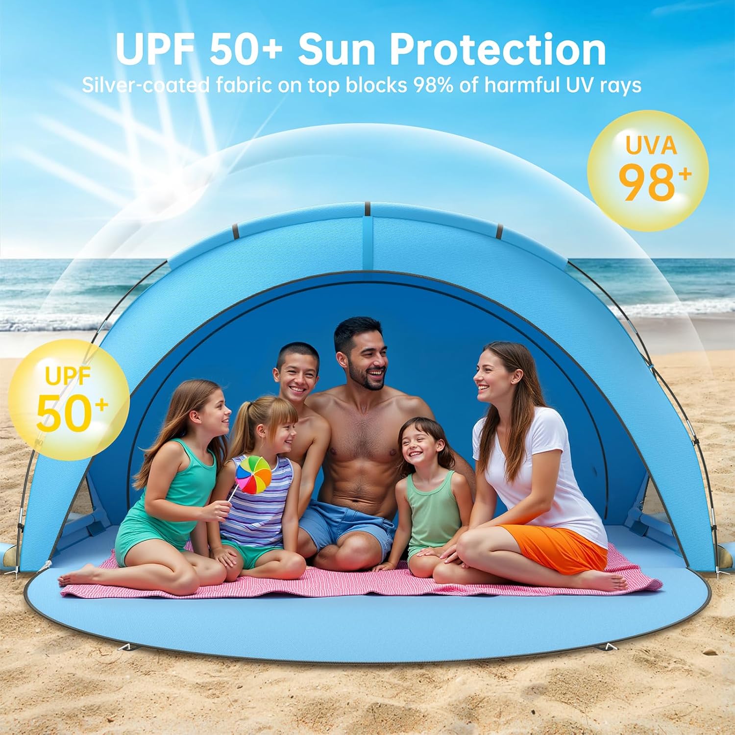 Beach Tent Sun Shelter, Beach Shade Tent with UPF50+ UV Protection, Beach Sun Shelter, Beach Shade with 2 Zippered Doors, Portable Beach Tent for Beach Camping Fishing wourant