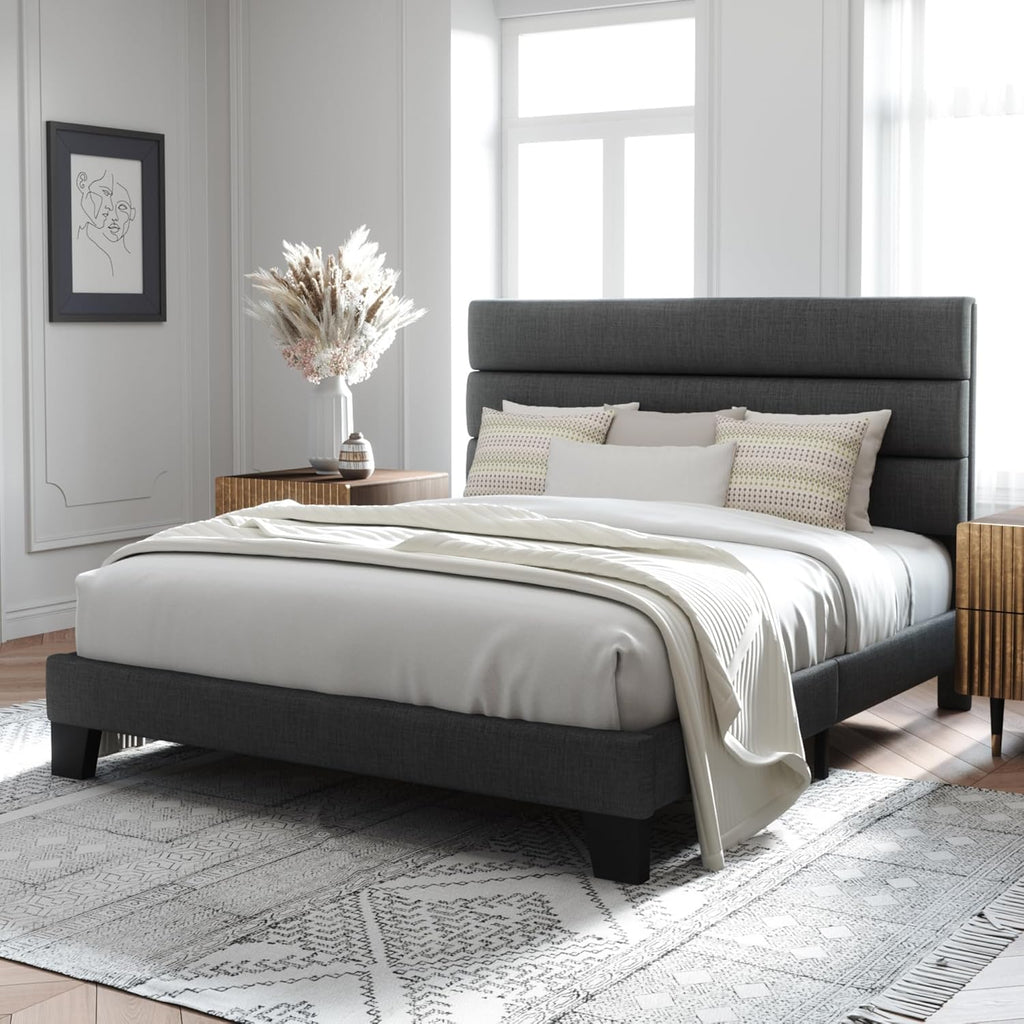 Allewie Queen Size Platform Bed Frame Fabric Upholstered Headboard Wooden Slats Support wourant