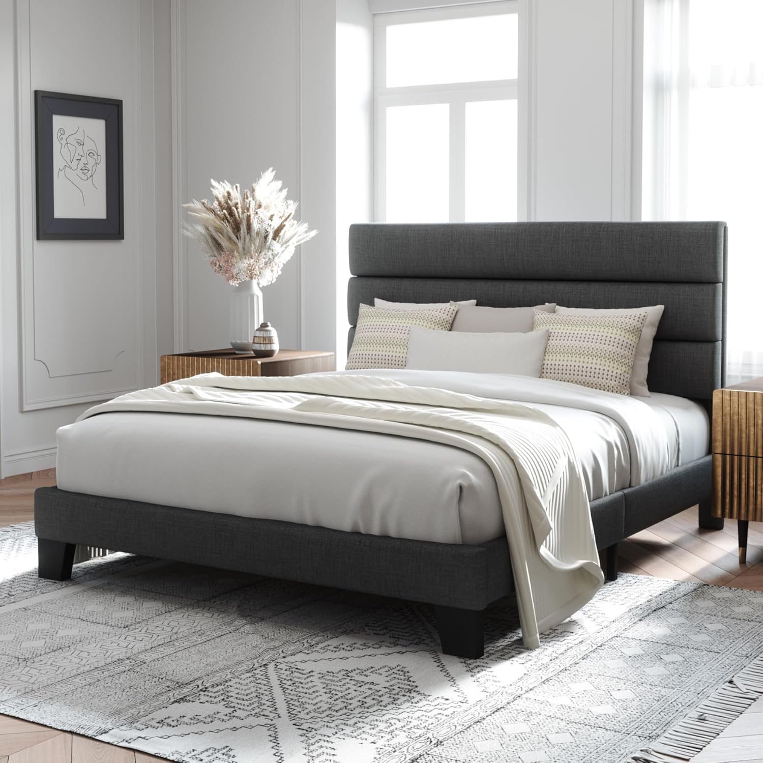 Allewie Queen Size Platform Bed Frame Fabric Upholstered Headboard Wooden Slats Support wourant