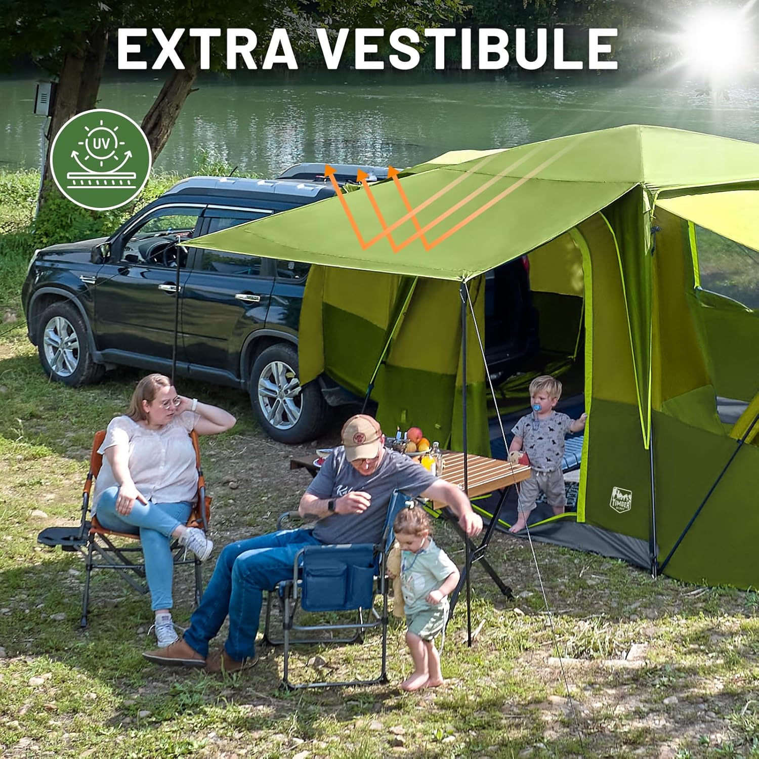TIMBER RIDGE 5-9 Person SUV Tent with Screen Porch and Awning for Family Camping, Weather Resistant and Portable Van or Car Tent, Includes Rainfly and Storage Bag, 13' W X 10' L X 7.1' H wourant