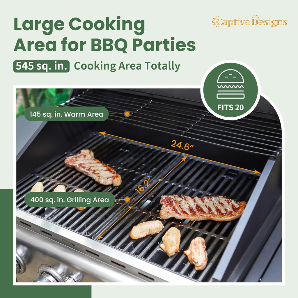 Captiva Designs 4-Burner Propane Gas BBQ Grill with Side Burner & Porcelain-Enameled Cast Iron Grates, 42,000 BTU Output Stainless Steel Grill for Outdoor Cooking Kitchen and Patio Backyard Barbecue wourant