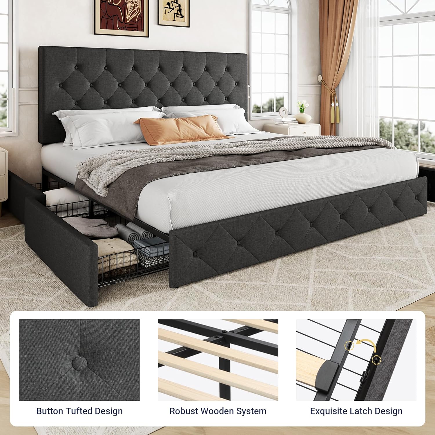 Allewie Upholstered Queen Size Platform Bed Frame with 4 Storage Drawers and Headboard wourant
